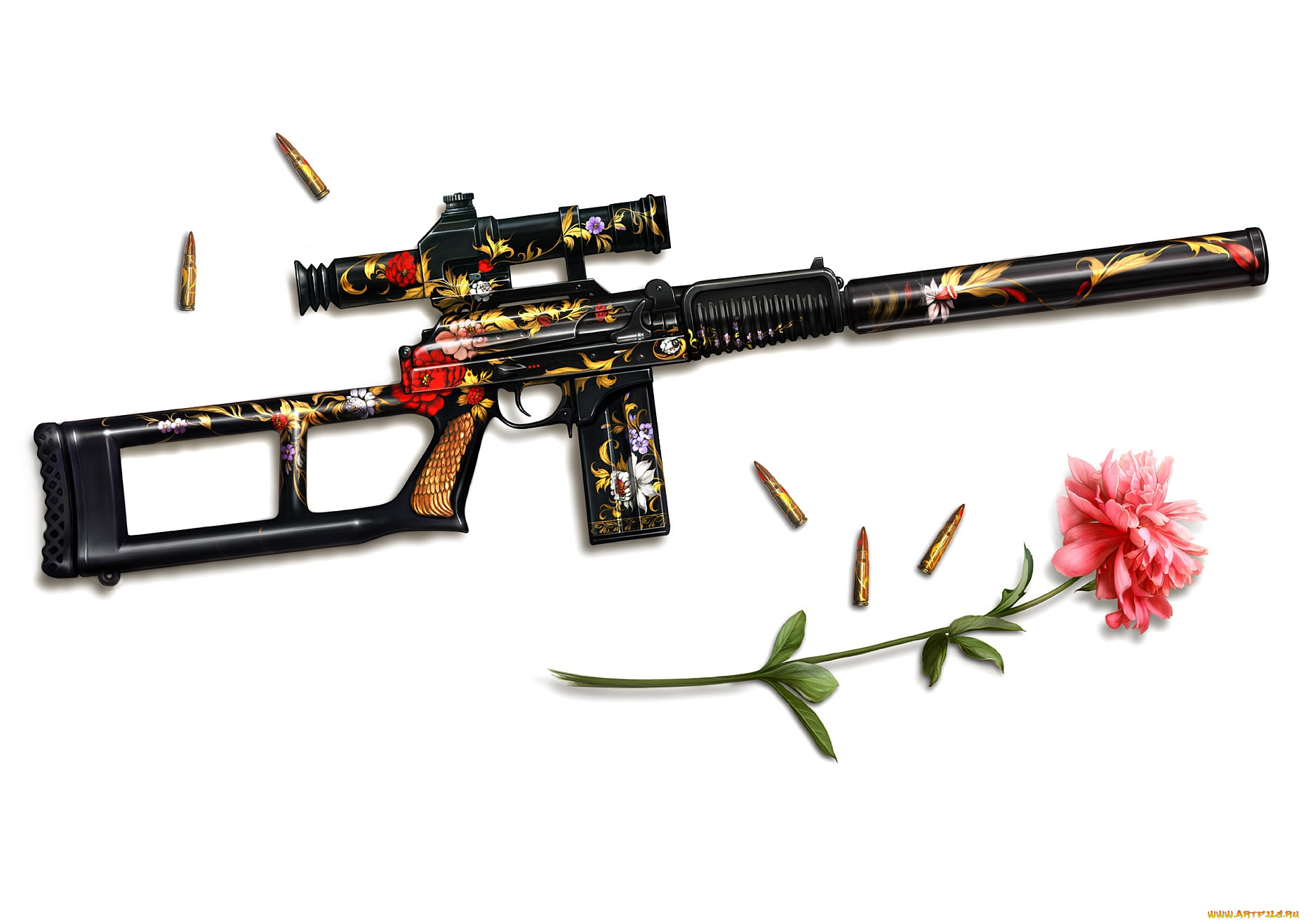 оружие, автоматы, пули, прицел, цветок