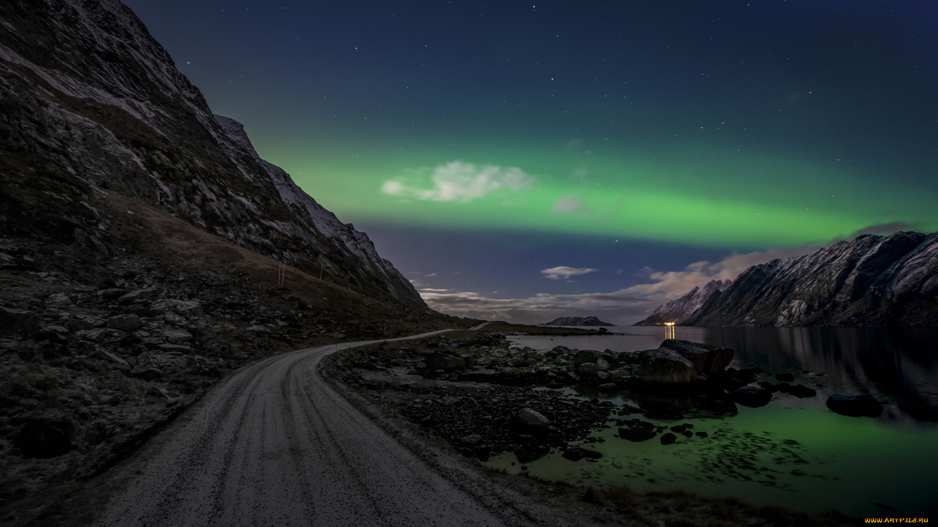 природа, дороги, дорога, небо, ночь, скалы, облака, норвегия, северное, сияние, лофотенские, острова