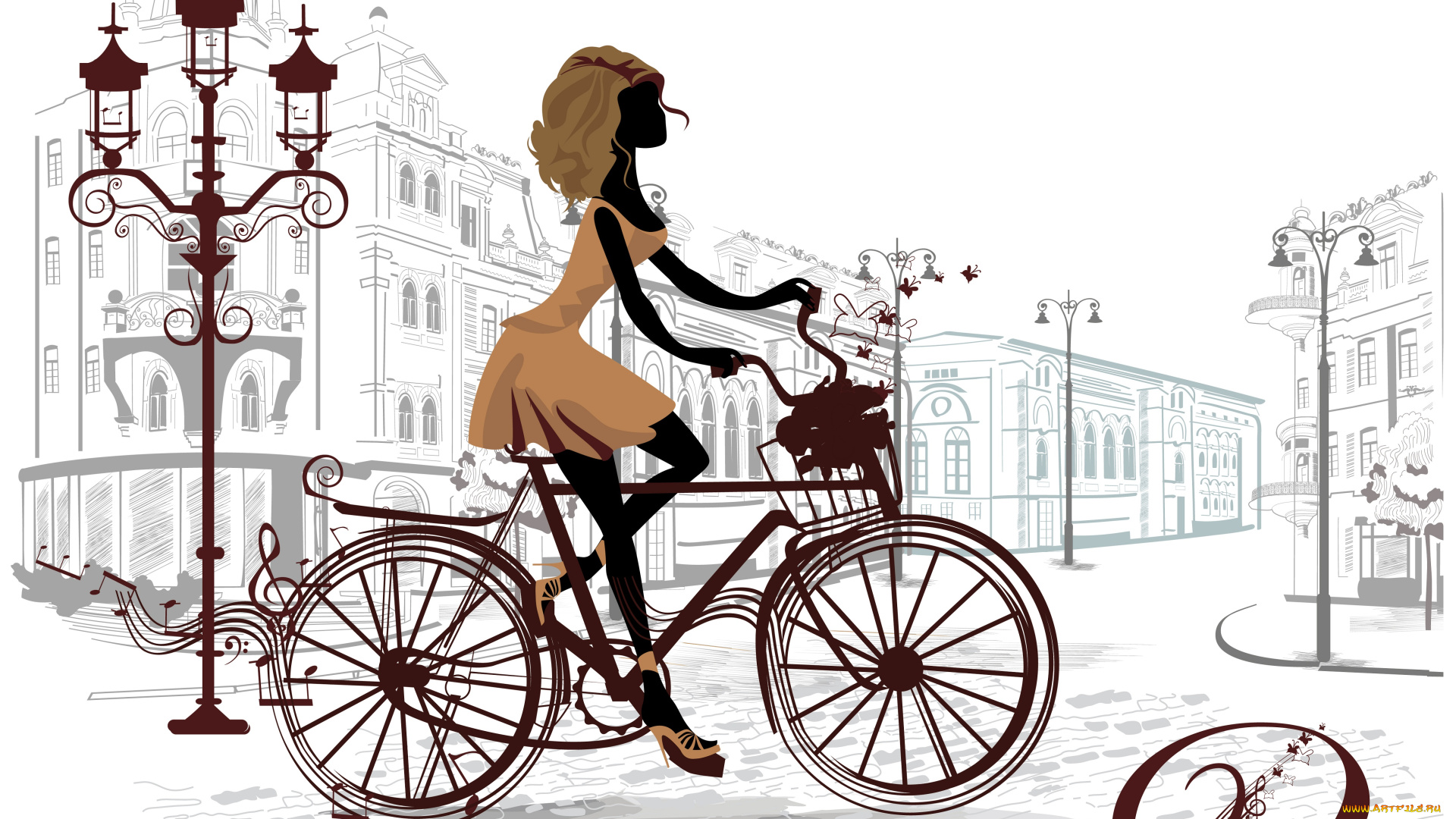 векторная, графика, люди, париж, город, улица, площадь, девушка, велосепед