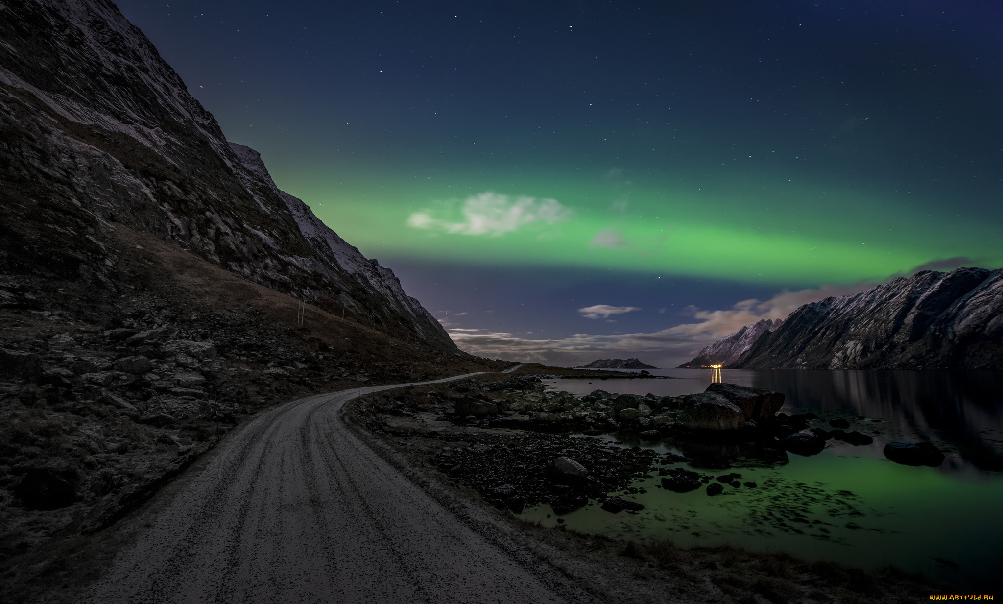 природа, дороги, дорога, небо, ночь, скалы, облака, норвегия, северное, сияние, лофотенские, острова