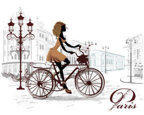 Картинка векторная+графика люди париж город улица площадь девушка велосепед