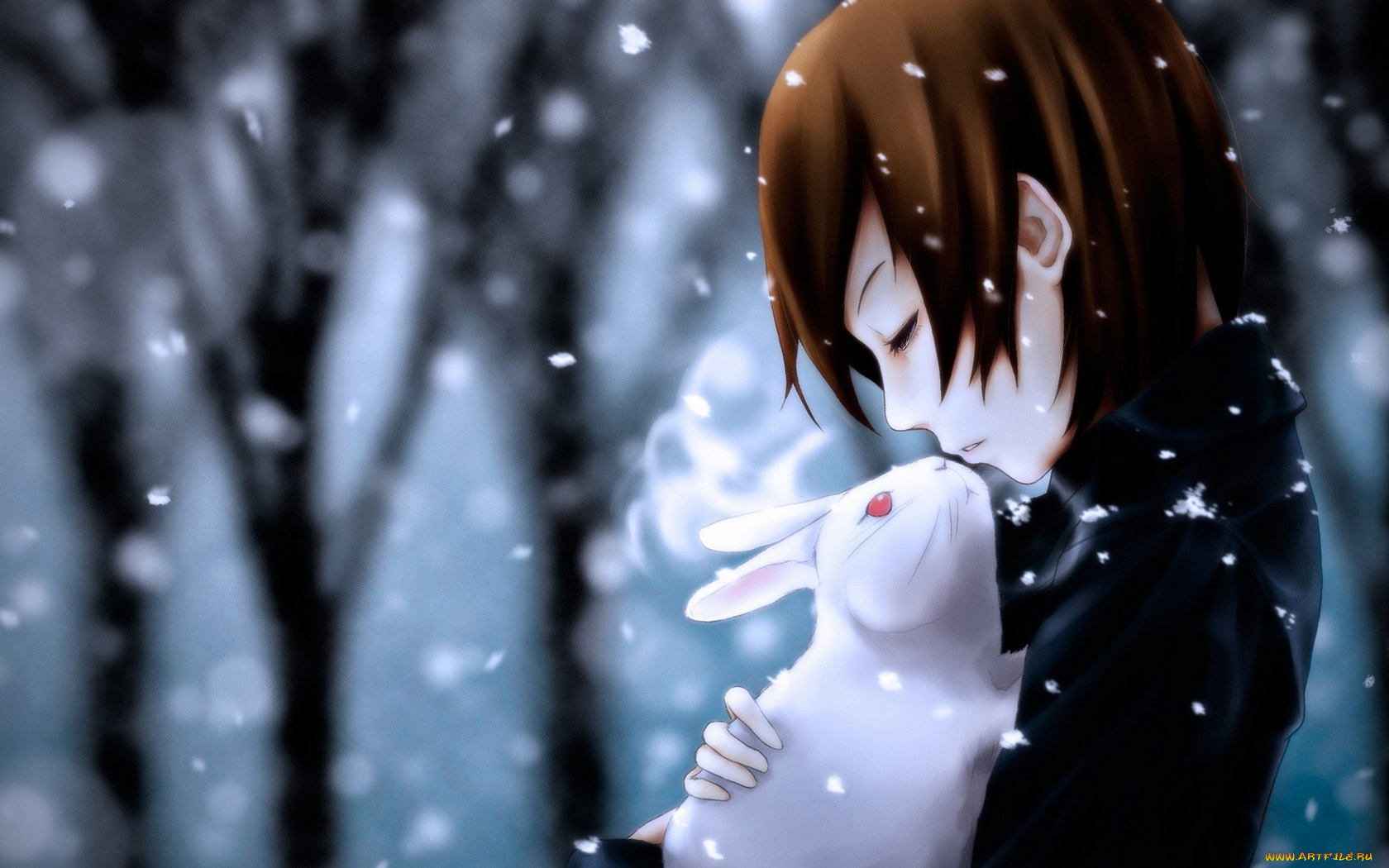 аниме, merry, chrismas, winter, силуэты, деревья, кролик, зима