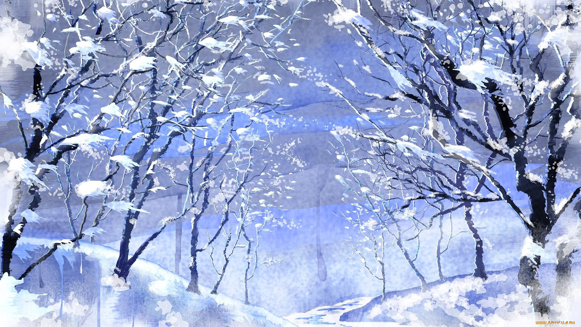 рисованные, природа, зима, снег, деревья, пейзаж