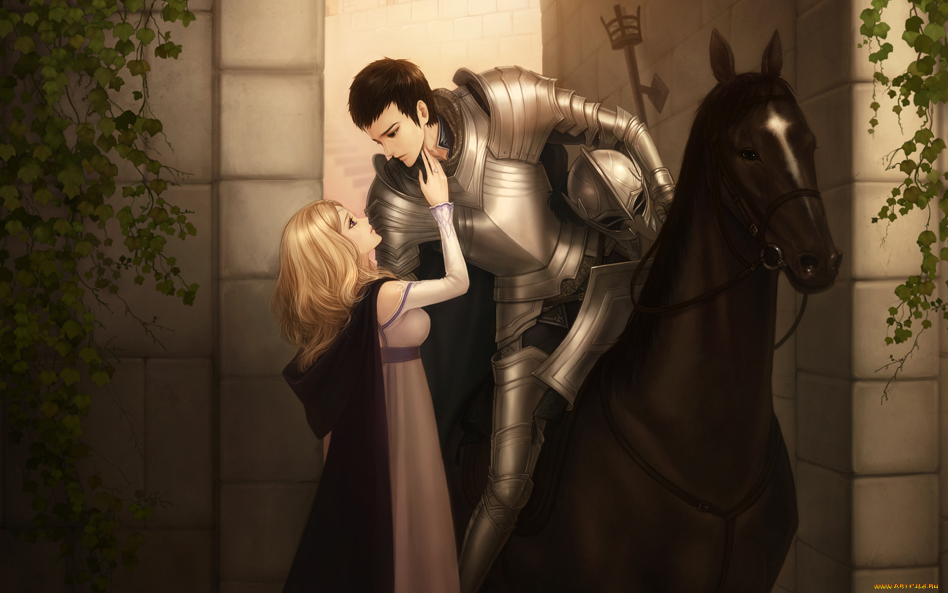фэнтези, люди, двое, влюбленные, рыцарь, доспехи, лошадь