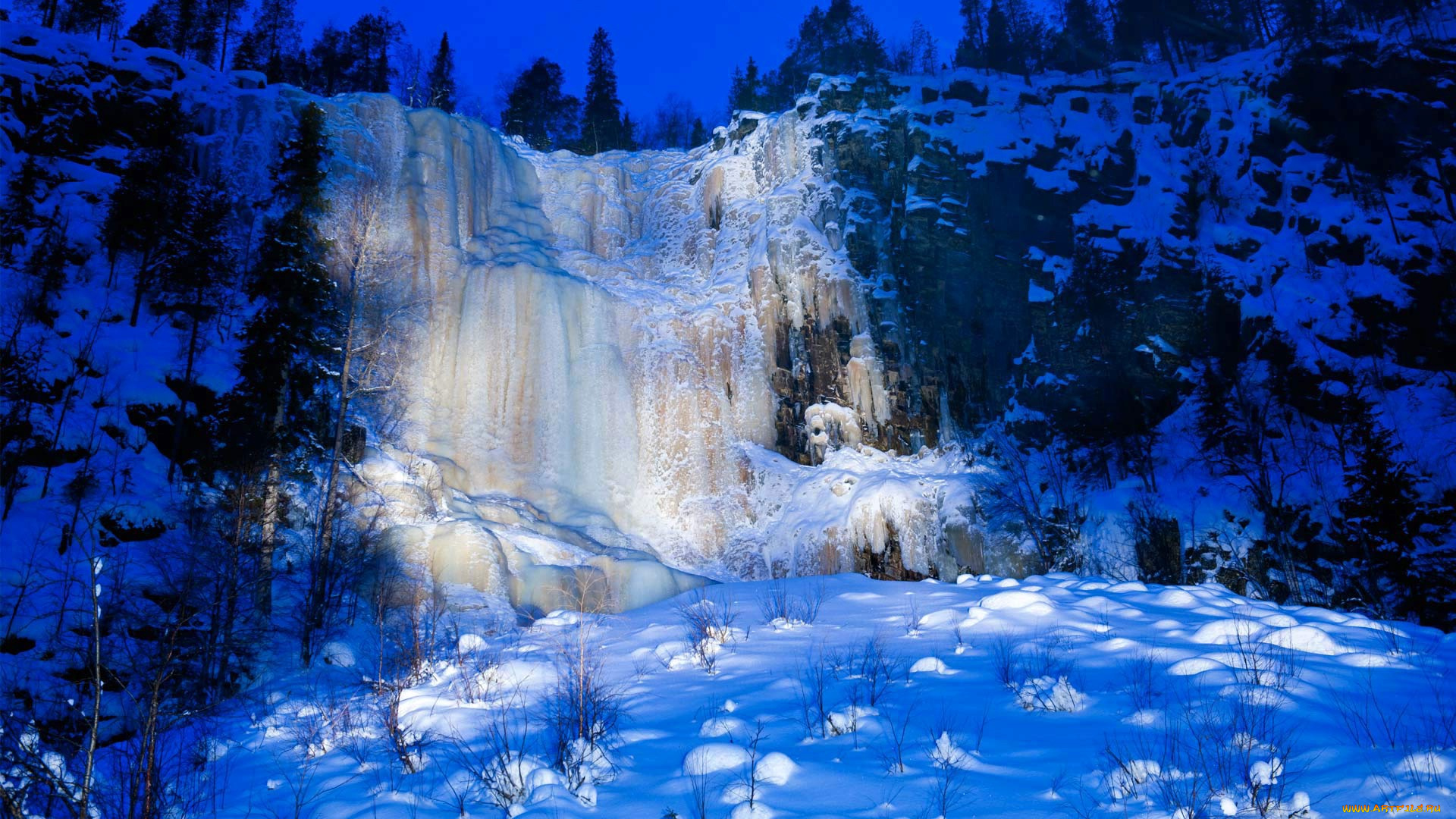 природа, зима, короуома, водопад, финляндия, снег, лед