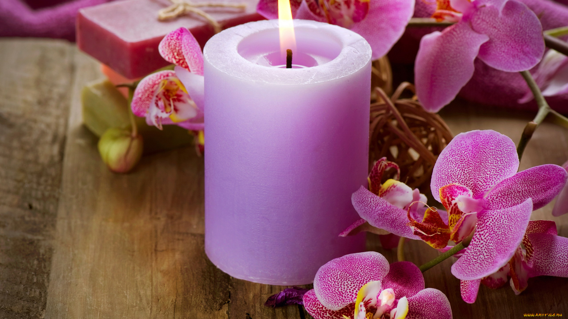 разное, свечи, орхидеи, свеча, лиловая, огонек