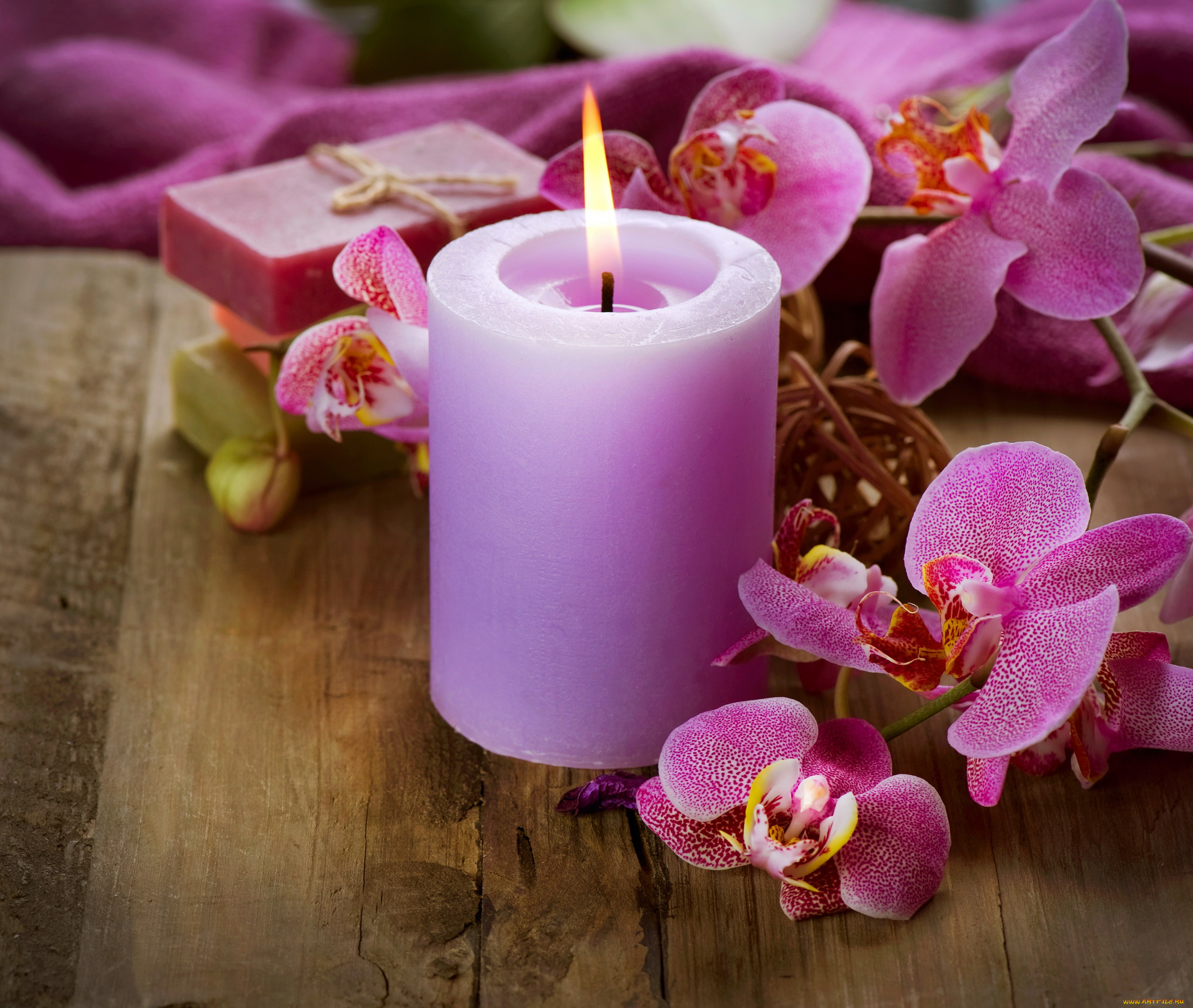разное, свечи, орхидеи, свеча, лиловая, огонек