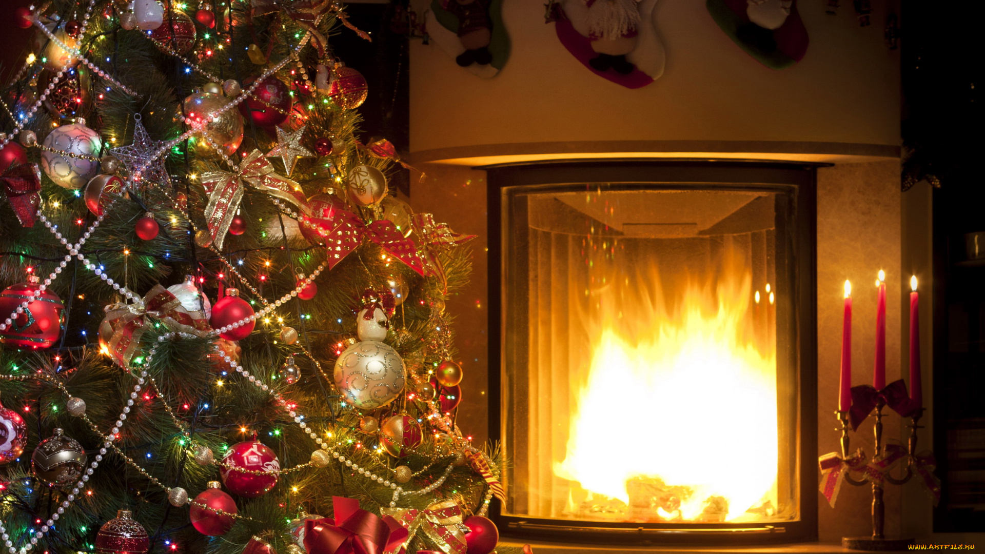 праздничные, новогодний, очаг, свечи, елка, камин, подарки