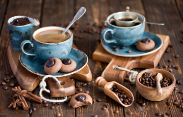 Картинка еда кофе кофейные зёрна чашки печенье