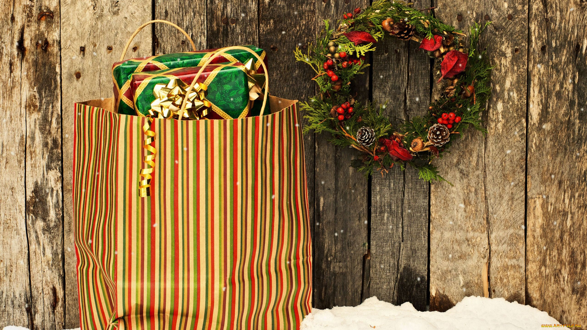 праздничные, подарки, коробочки, венок, забор, подарок, пакет, снег
