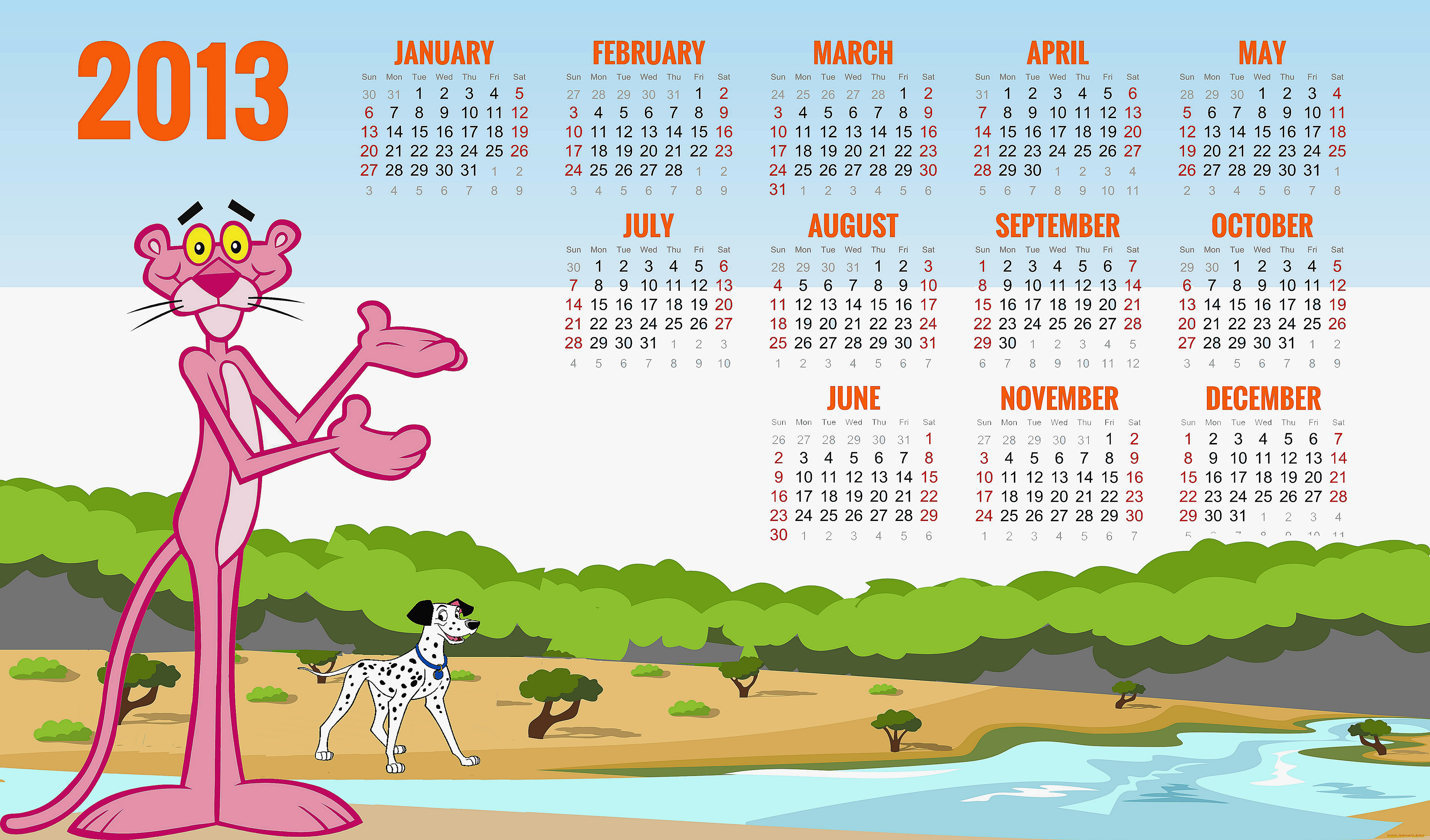 календари, кино, мультфильмы, pink, panther, далматин, пожелания, 2013, calendar, dalmatian, best, wishes