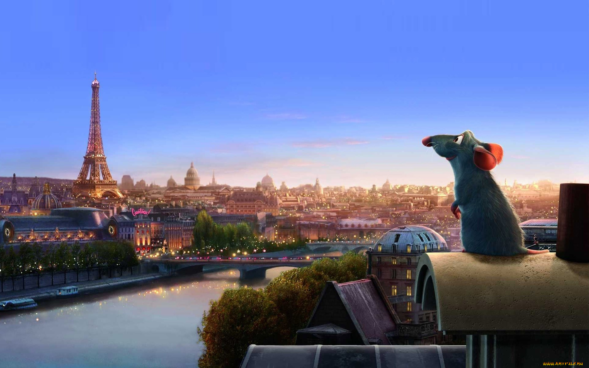 мультфильмы, ratatouille, панорама, здания, дома, река, башня, крыши, город, париж, крыса, рататуй, мост