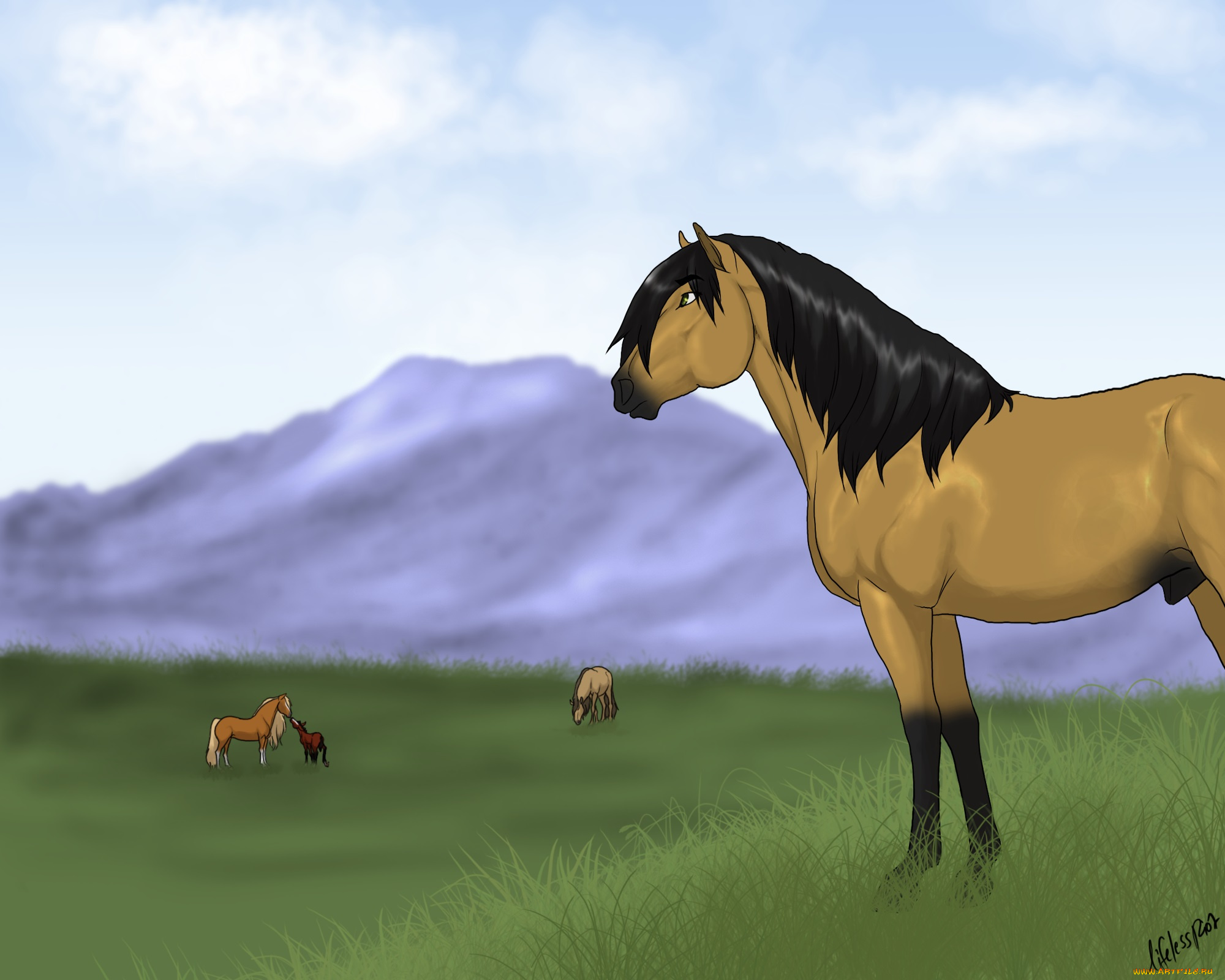 рисованное, животные, , лошади, небо, горы, луг, трава, лошади