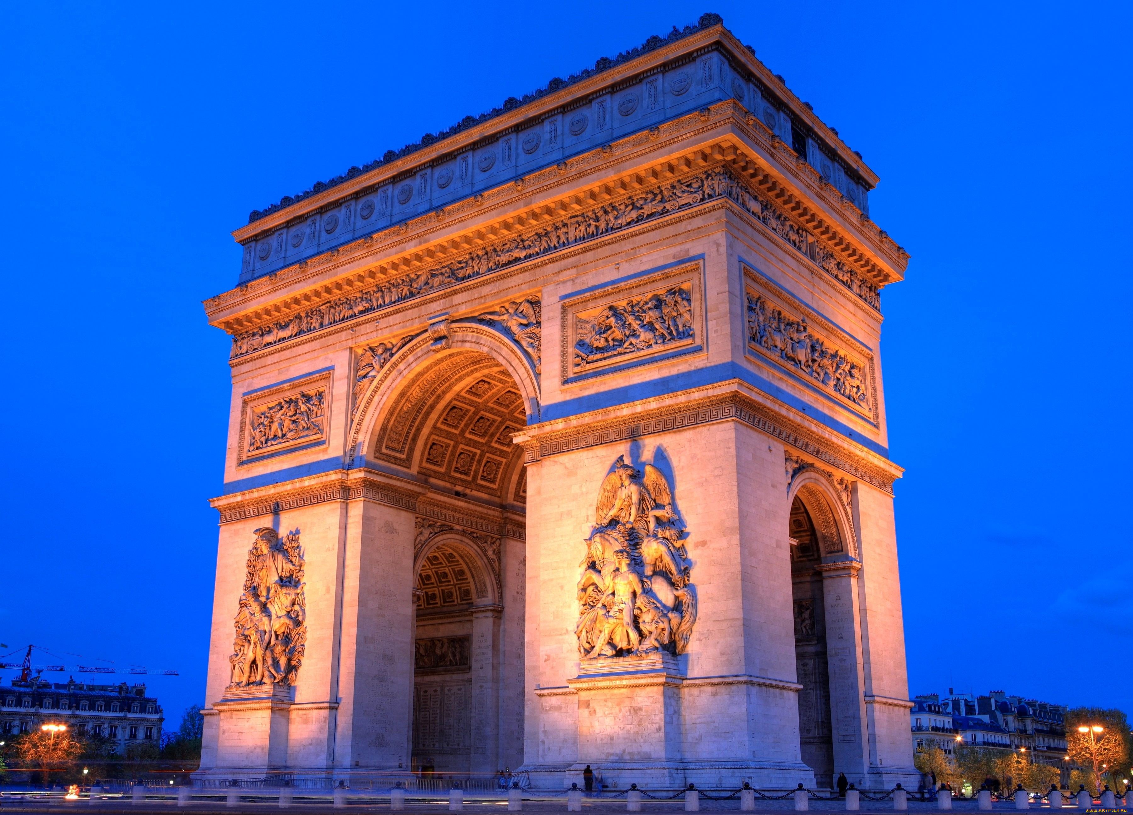 триумфальная, арка, париж, франция, города, исторический, рельеф, ночь