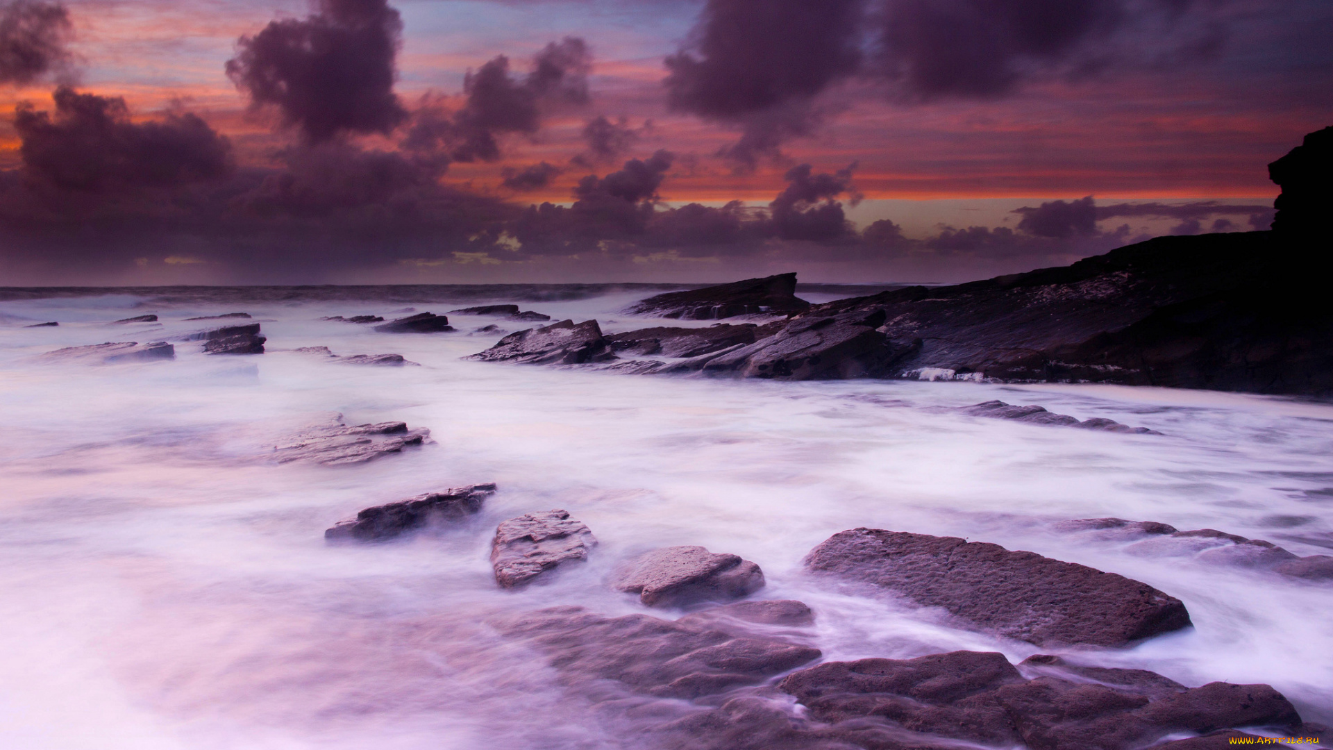 purple, sunset, природа, побережье, волны, океан, камни, сумрак, прибой