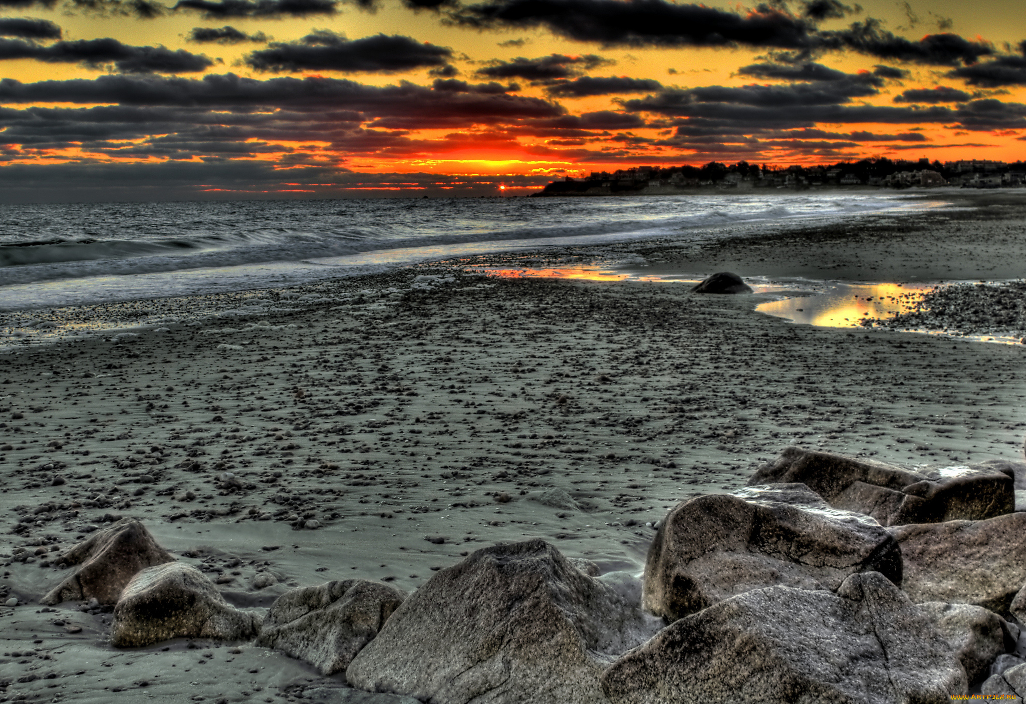 sunset, природа, побережье, тучи, песок, пляж, океан