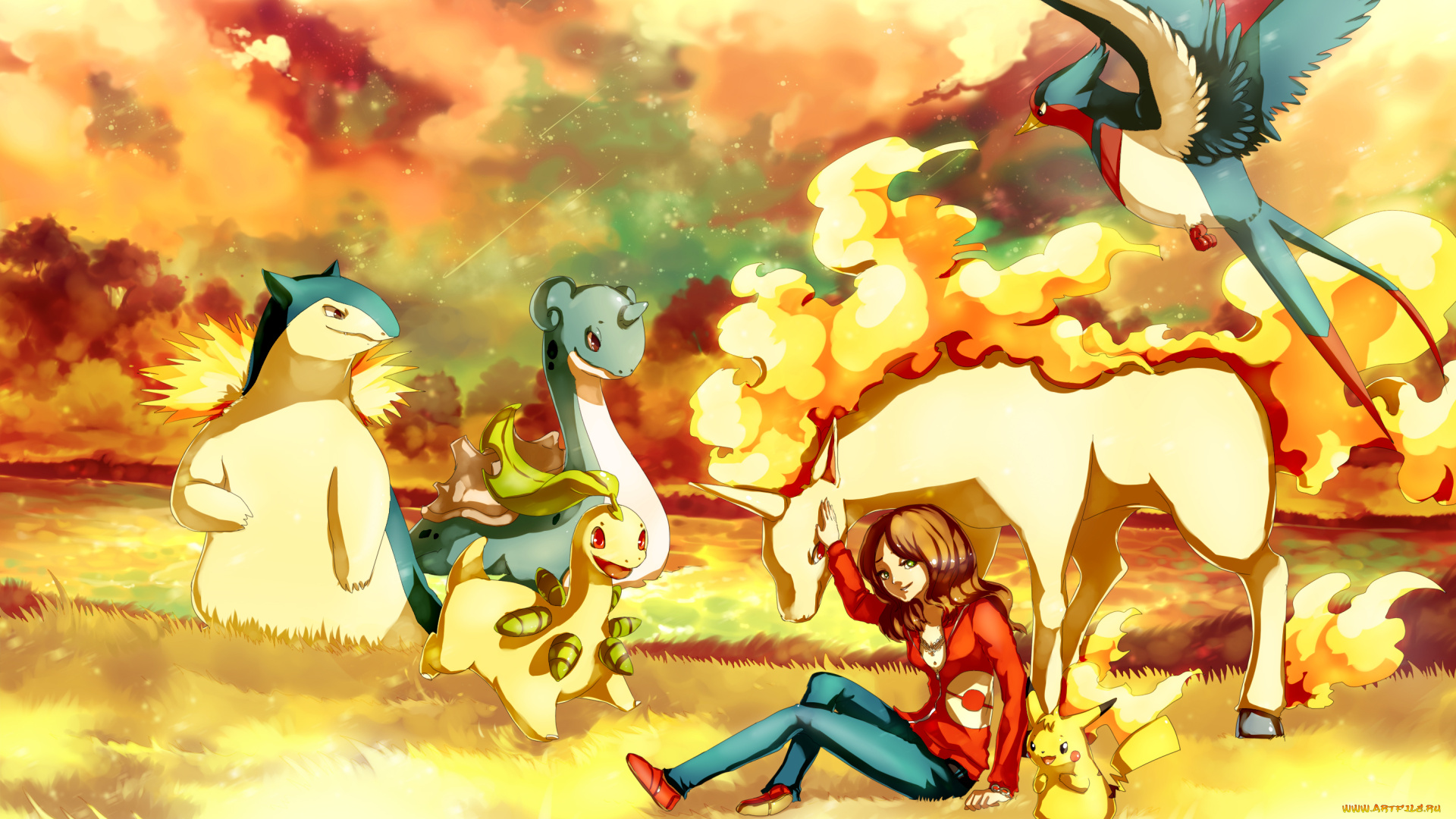 аниме, pokemon, покемоны, арт, облака, небо, девушка, поле