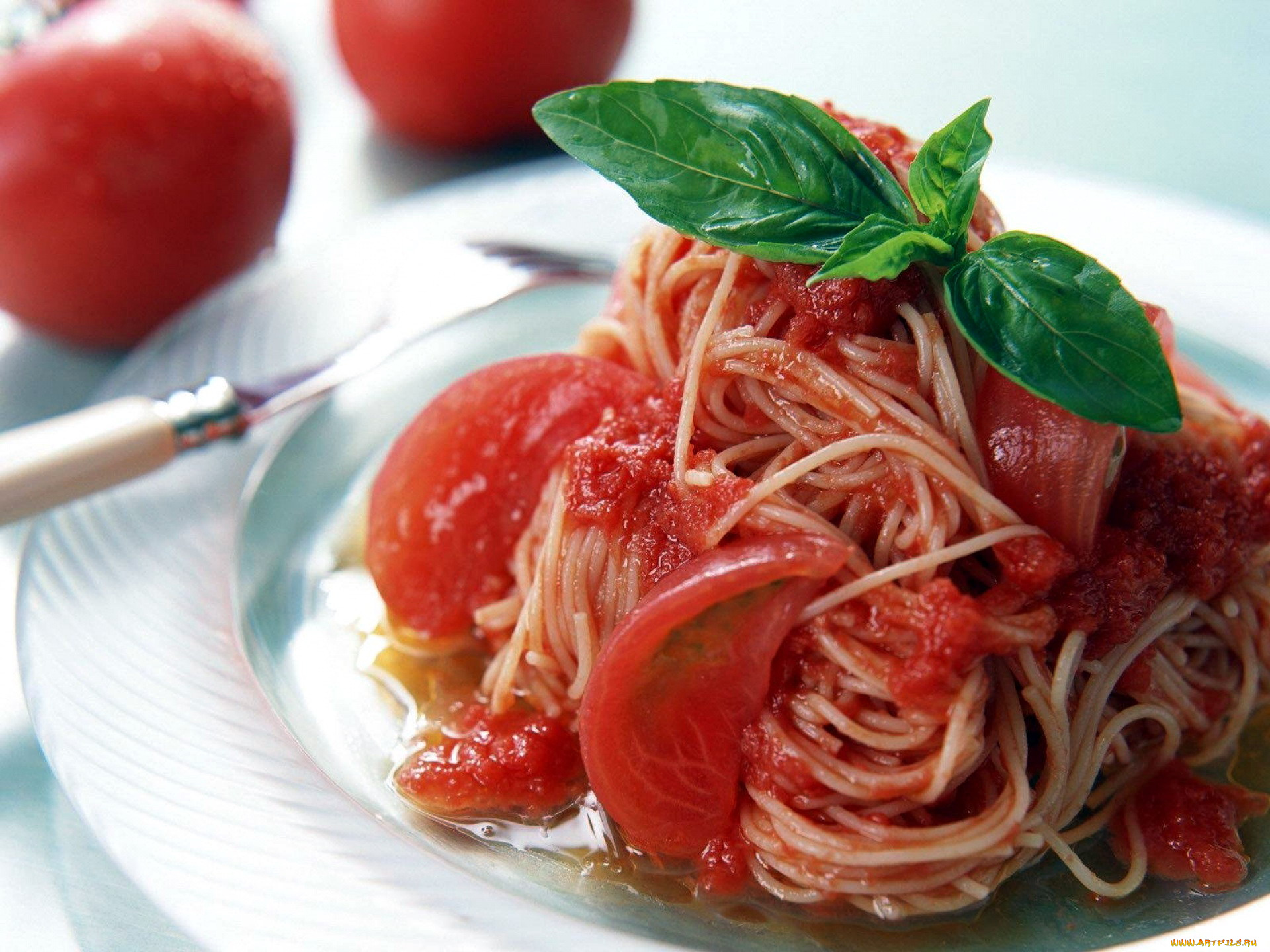 еда, макаронные, блюда, спагетти, томаты, помидоры, базилик