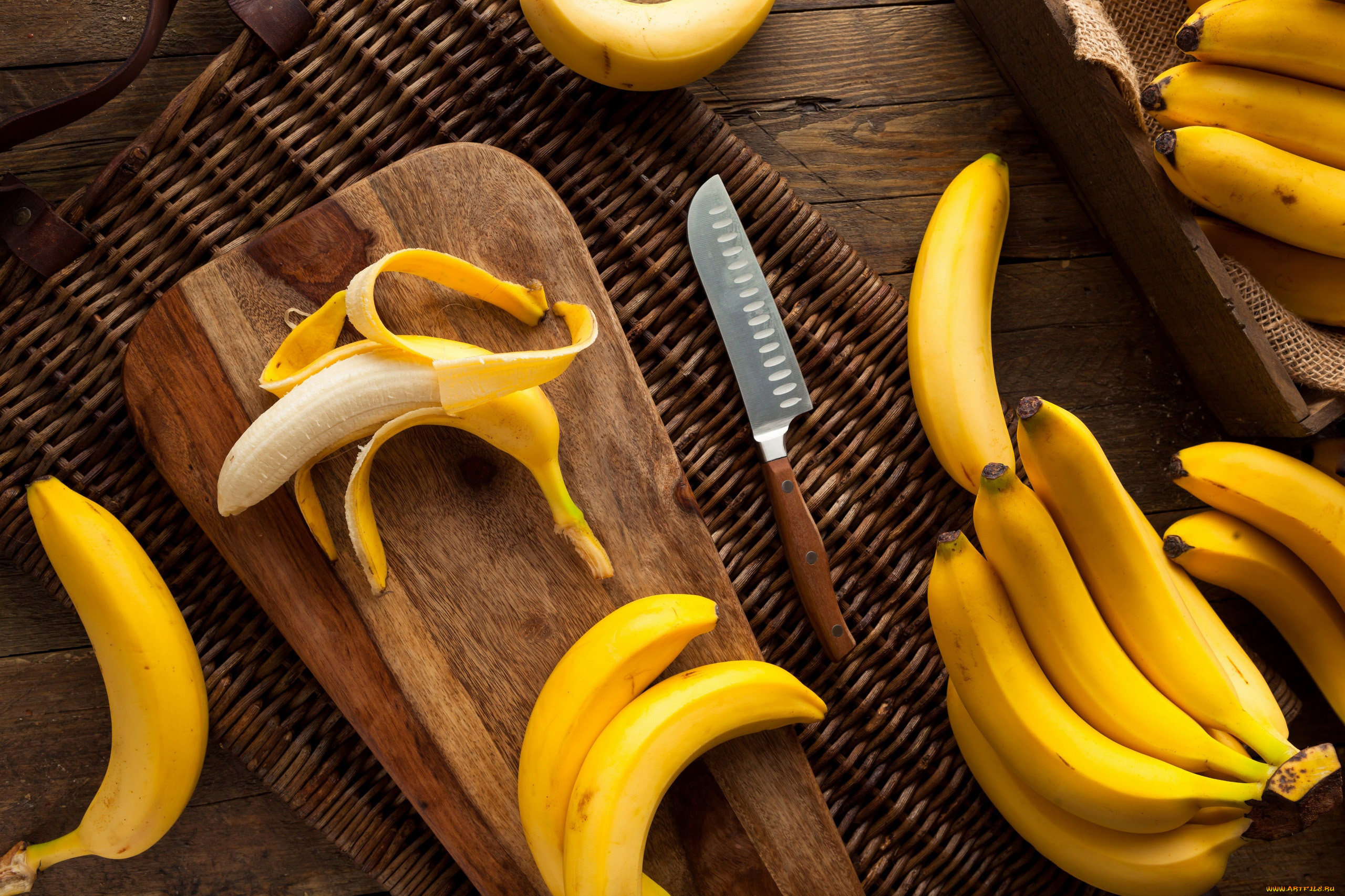еда, бананы, доска, нож