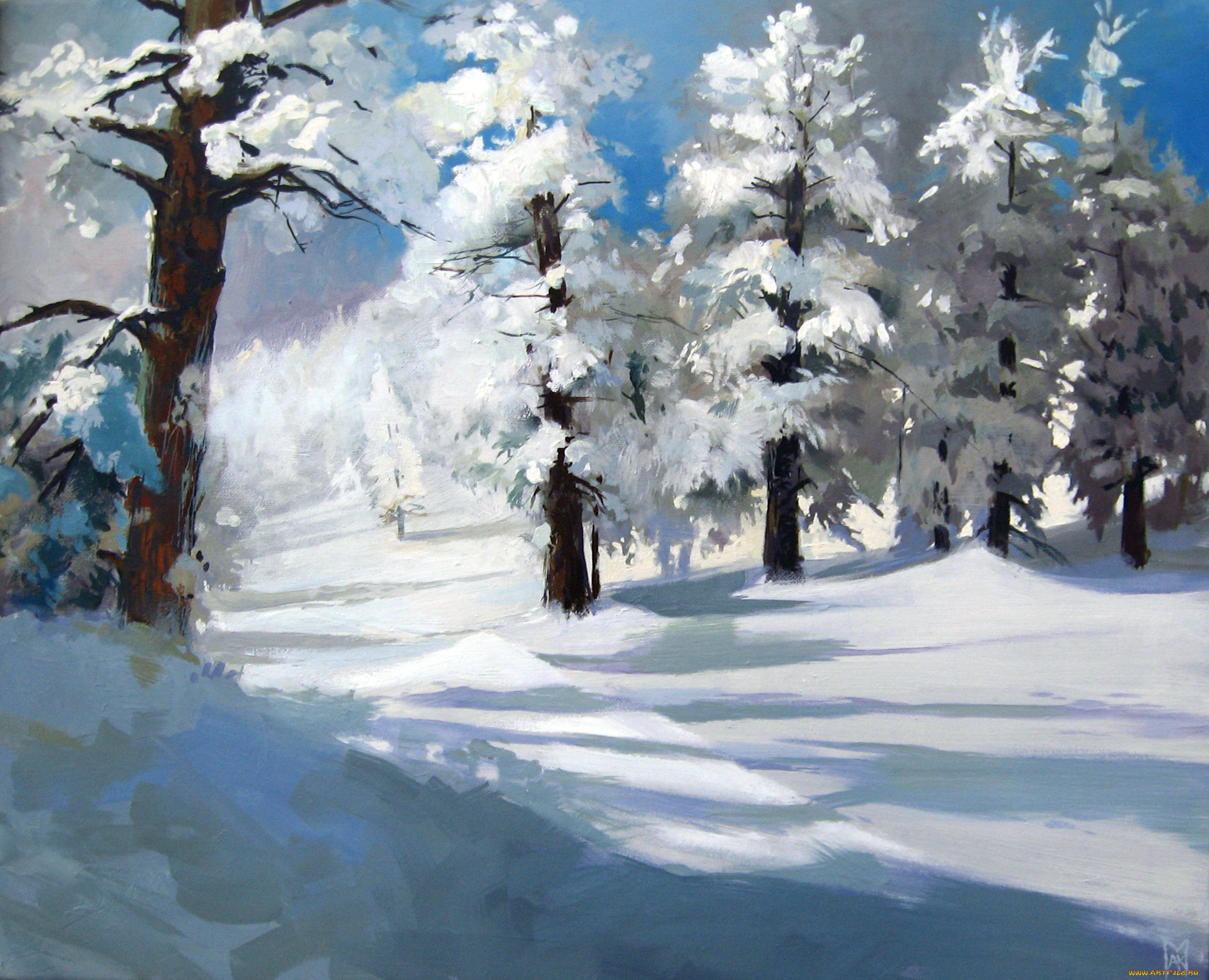 рисованное, природа, лес, зима, снег