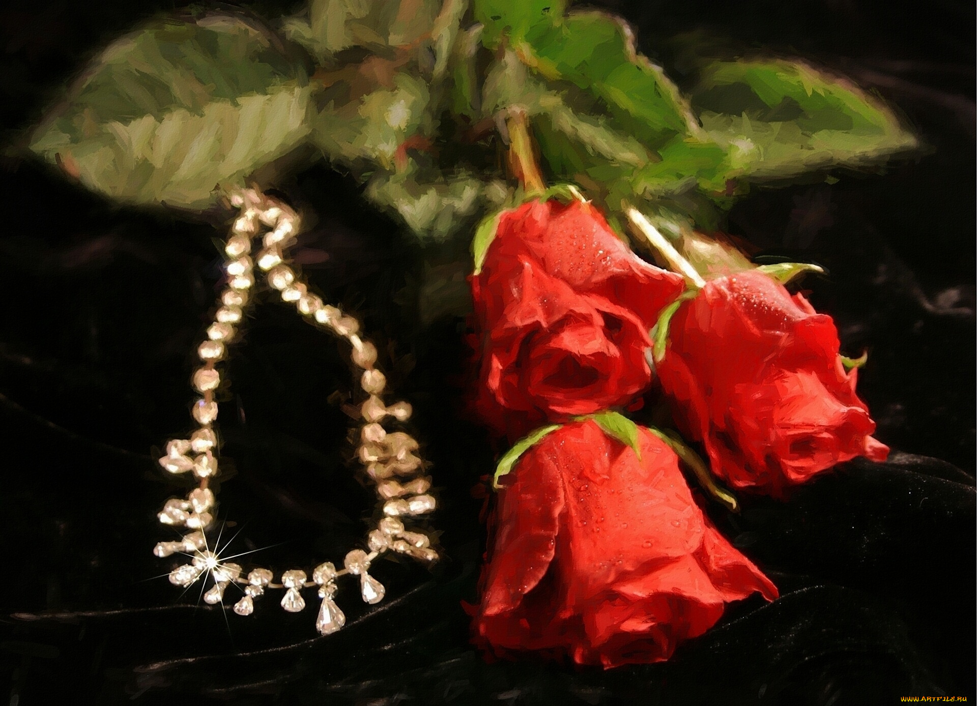 рисованное, цветы, розы, ожерелье, арт