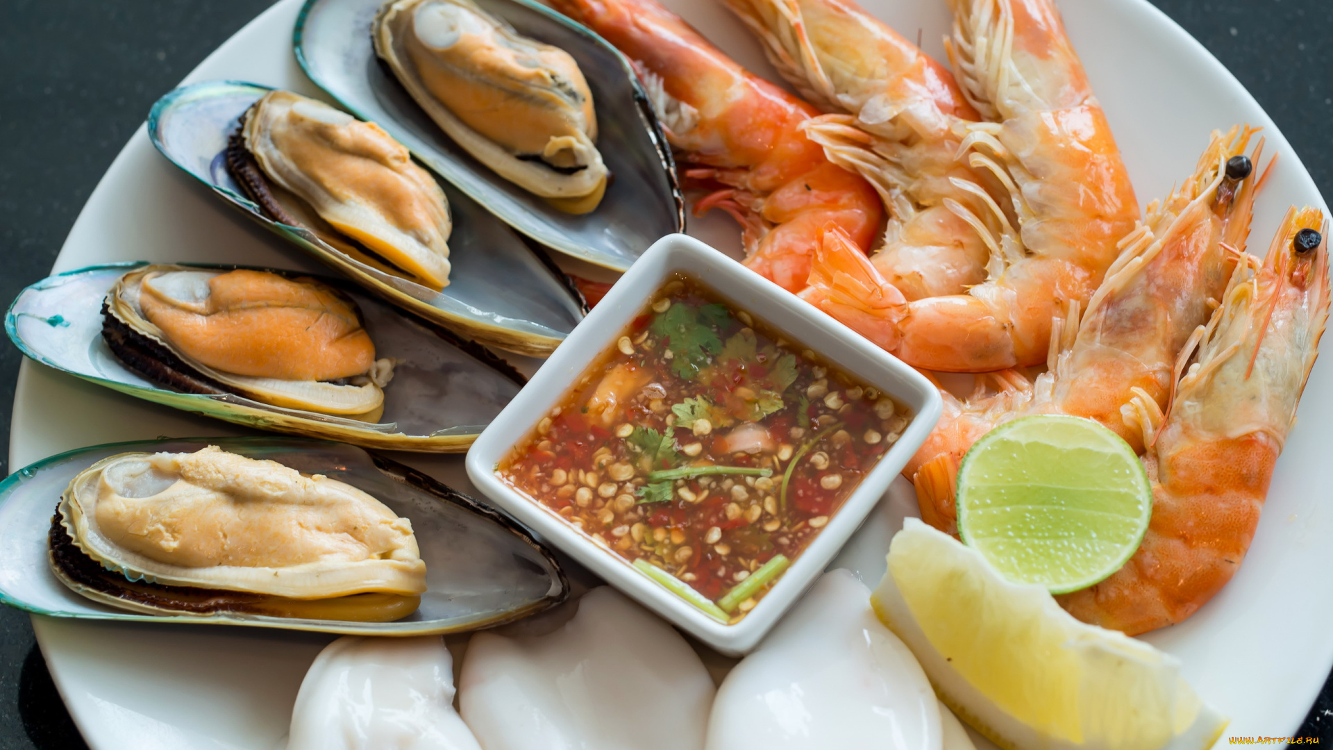еда, рыбные, блюда, , с, морепродуктами, соус, мидии, креветки