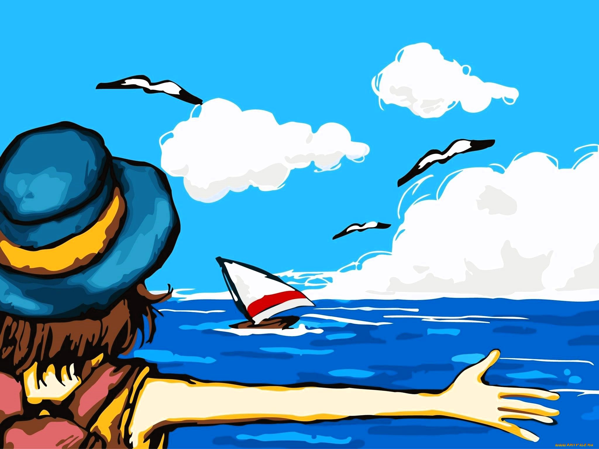 рисованное, дети, девочка, шляпа, море, чайки, яхта