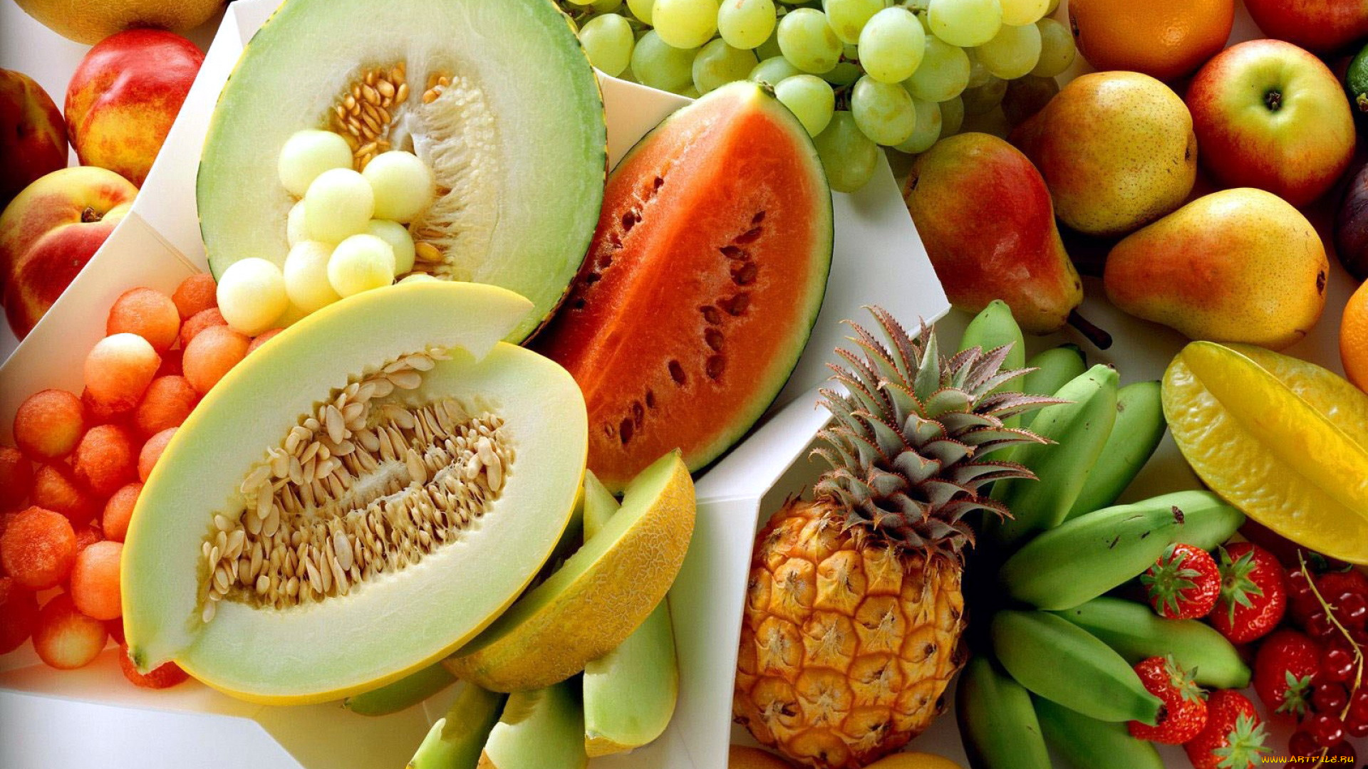 еда, фрукты, , ягоды, бананы, папайя, арбуз, виноград, клубника