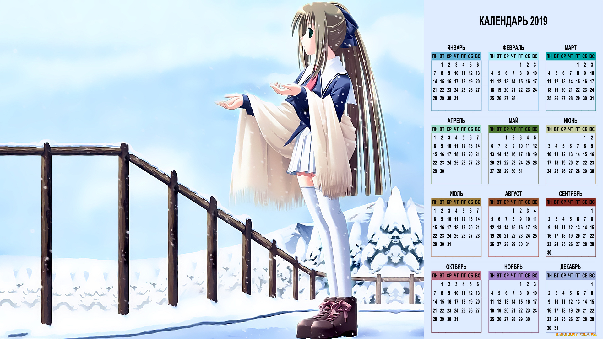 календари, аниме, снег, девочка, профиль
