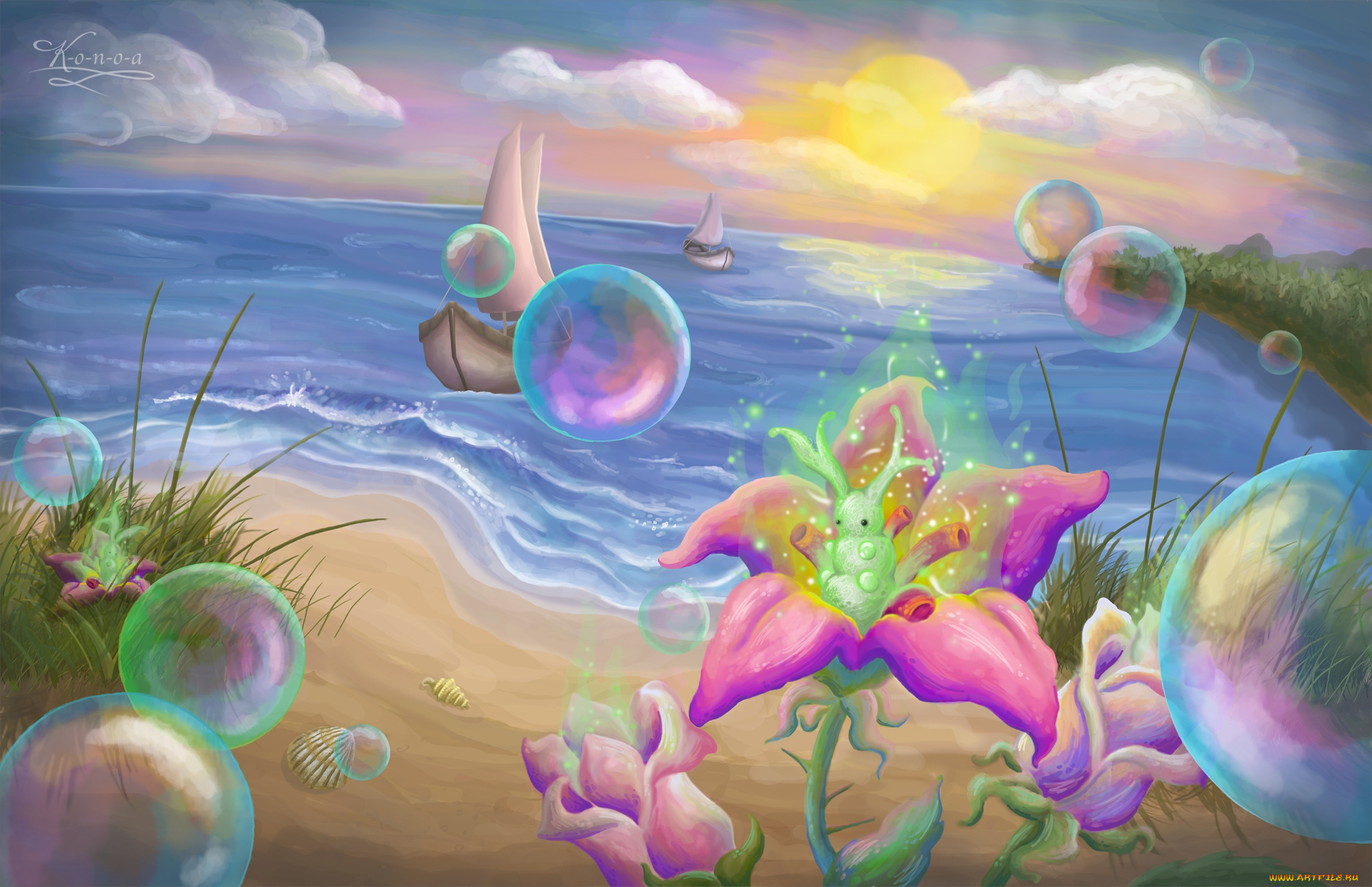 рисованные, -, другое, море, лодка, пузырки, цвты, облака, песок, ракушки