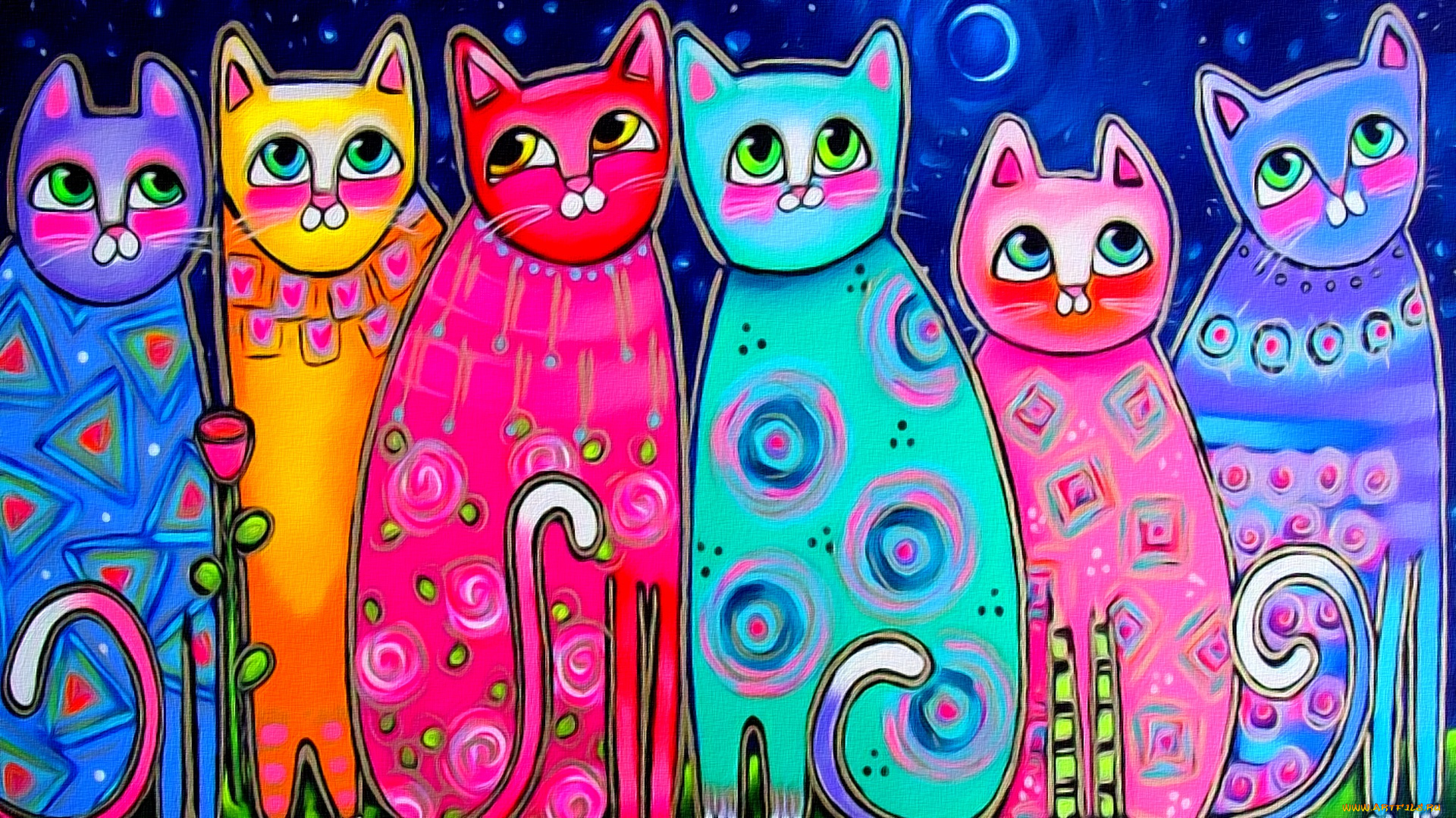 рисованное, животные, , коты, арт, живопись, луна, хвосты, рисунок, настроение, разноцветные, коты, кошки, глаза, весна