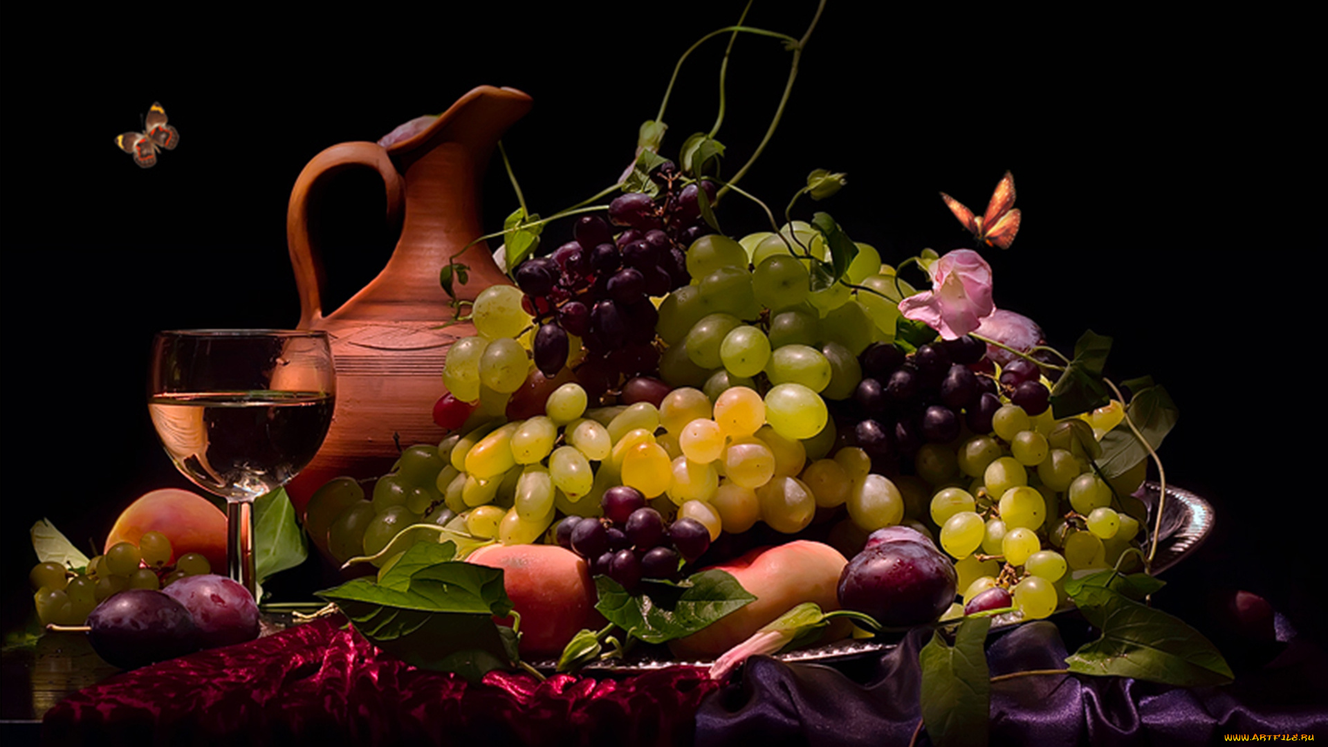 еда, фрукты, , ягоды, персики, сливы, виноград