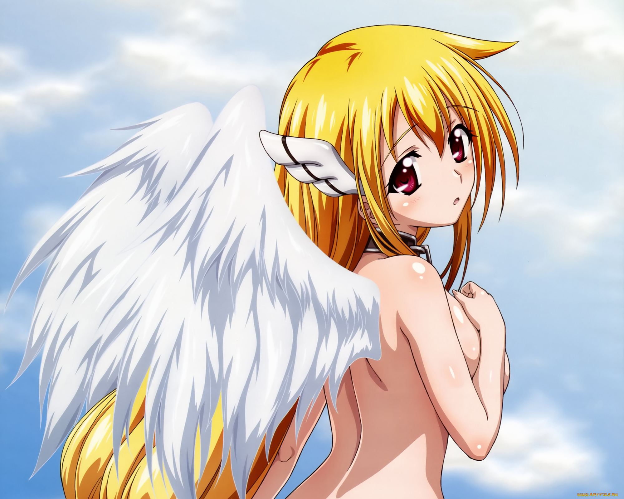 аниме, sora, no, otoshimono, ангел, крылья, ошейник, цепь, небо, ушки, облака, astraea, девушка
