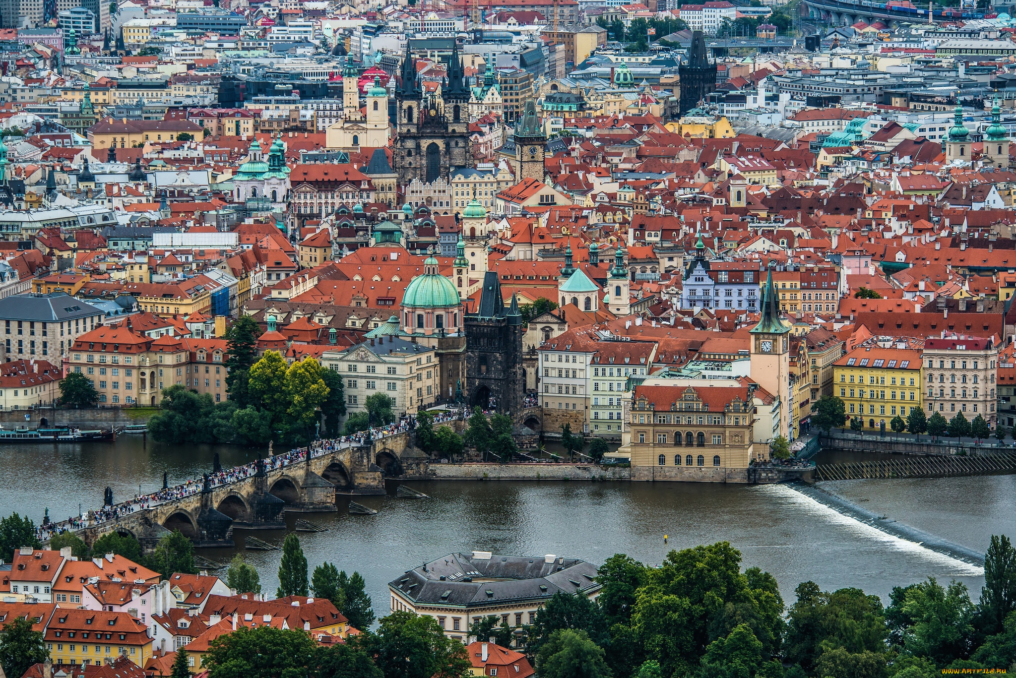города, прага, Чехия, река, мост, панорама