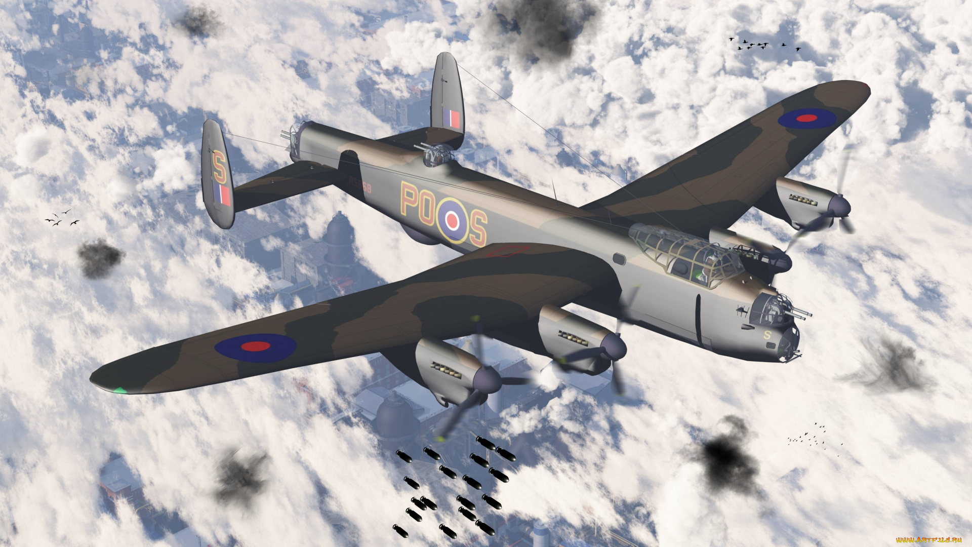 авиация, 3д, рисованые, graphic, самолет, облака, бомбы