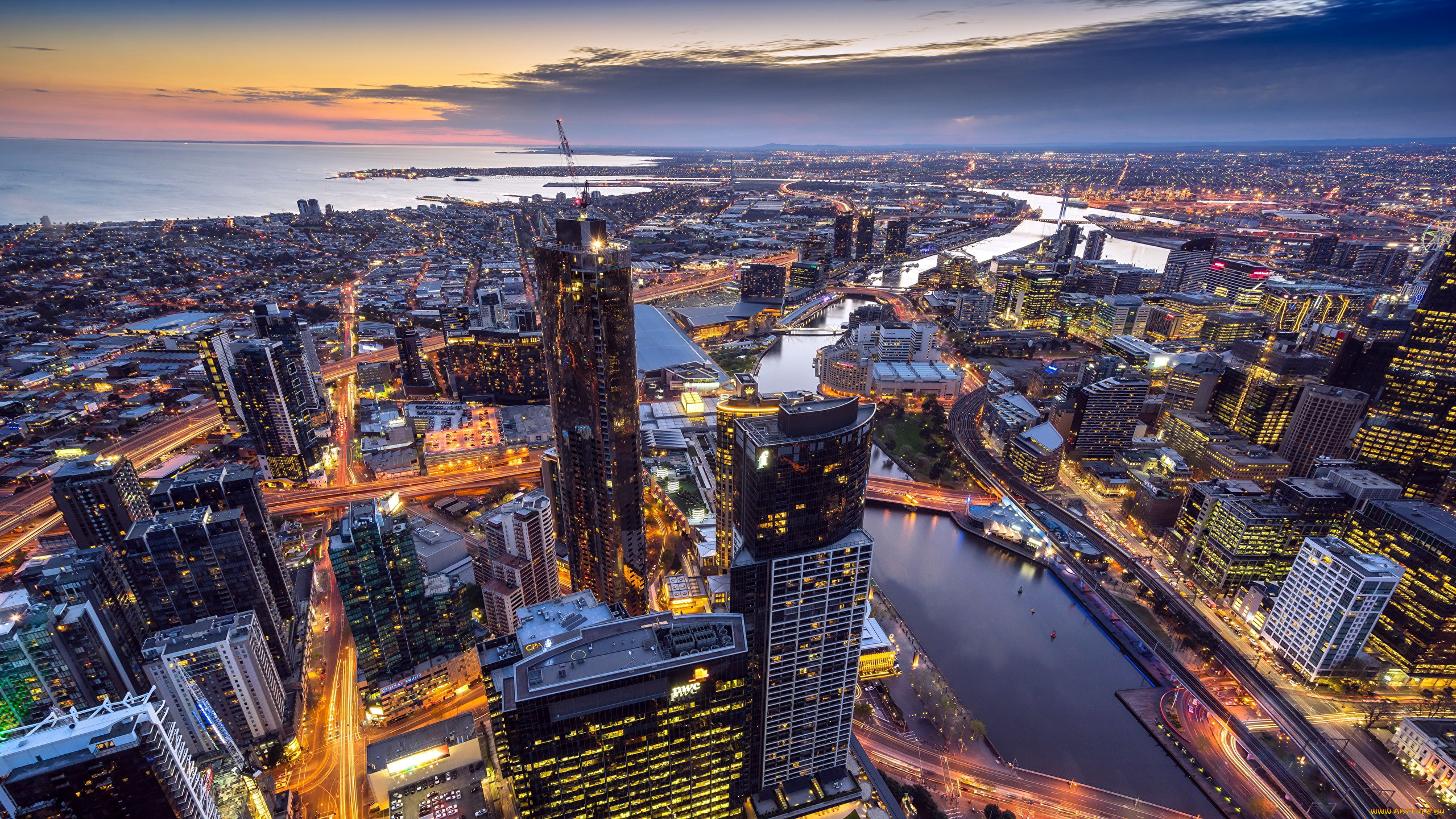 города, мельбурн, , австралия, вечер, огни, панорама