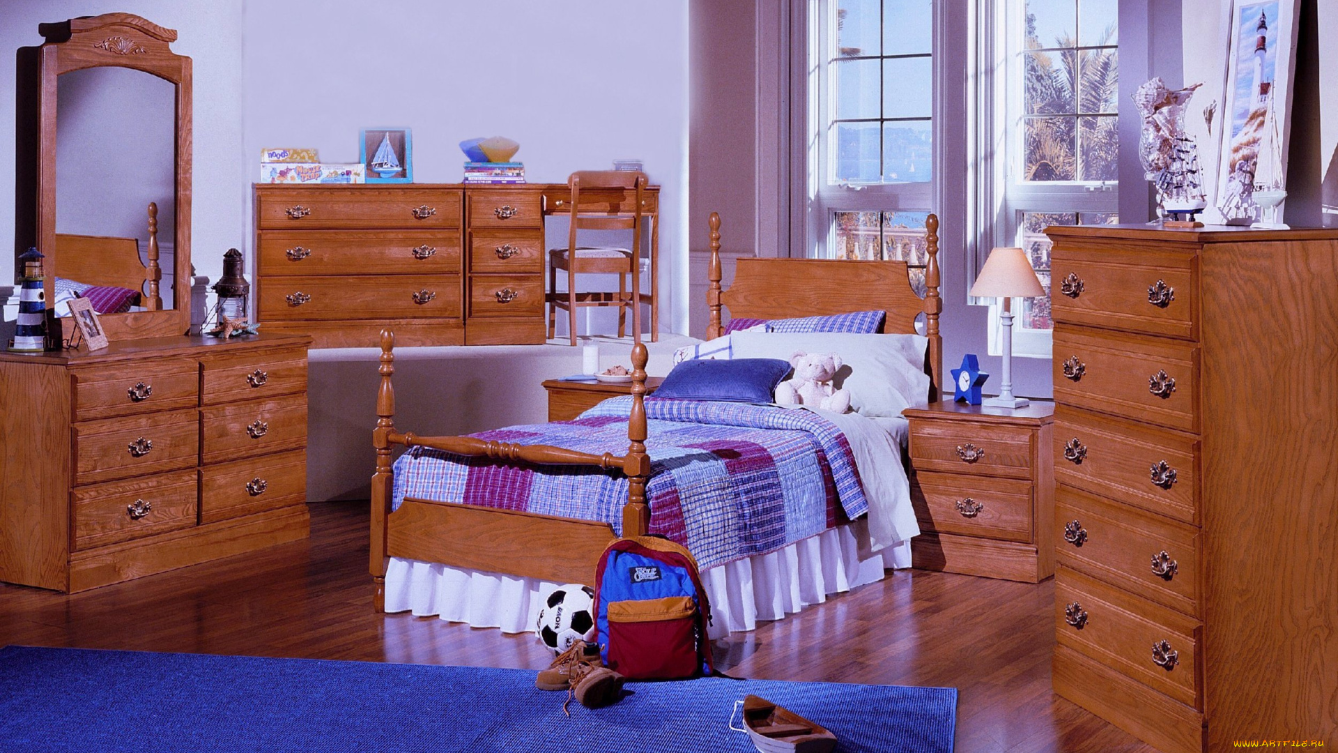 интерьер, детская, комната, подушки, тумбочки, кровать