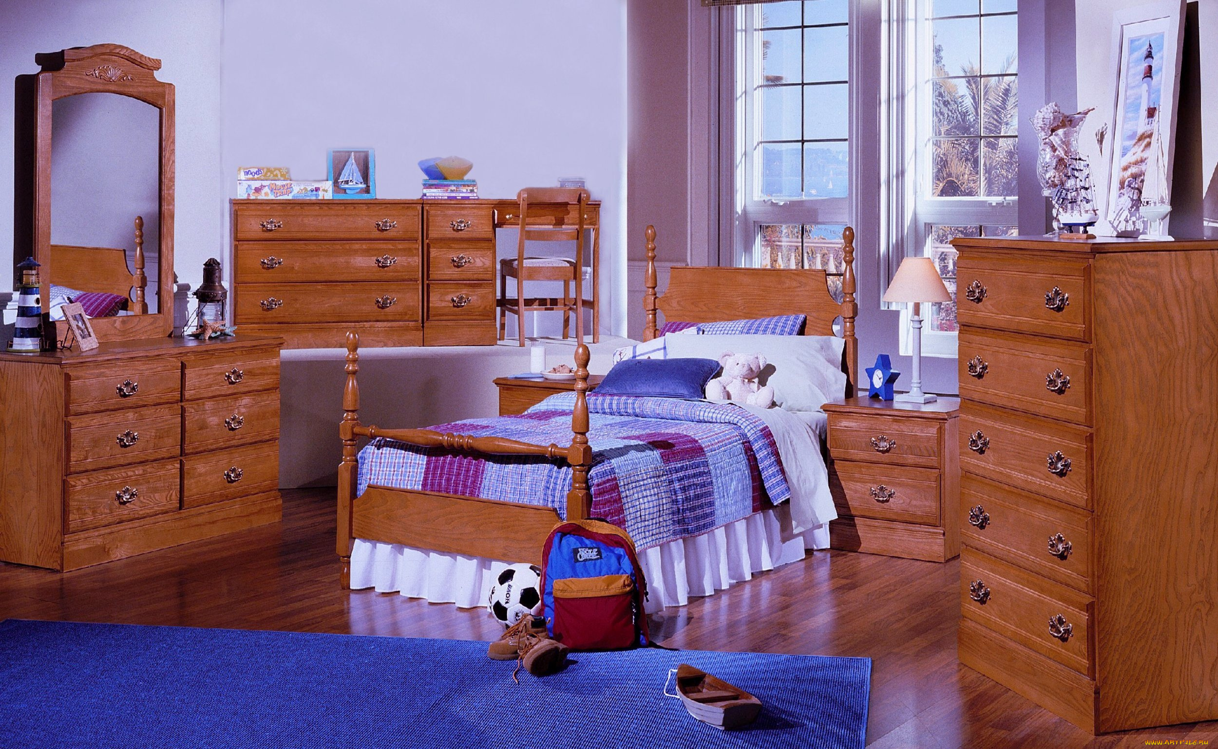 интерьер, детская, комната, подушки, тумбочки, кровать