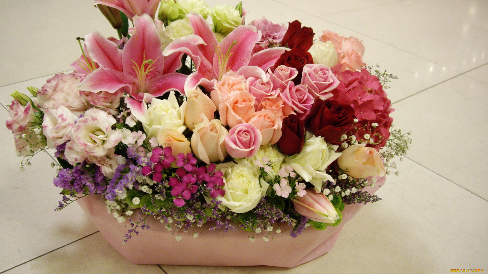 цветы, букеты, композиции, букет, розы, лилии, эустома, гортензия