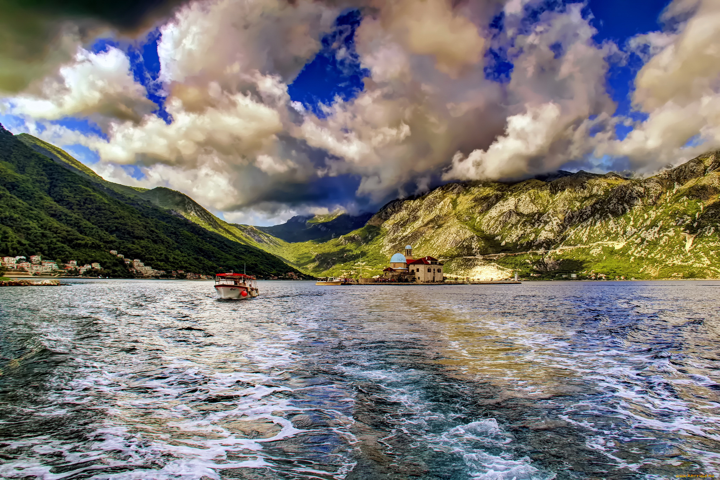 Черногория, perast, природа, реки, озера, горы, озеро, катер, дома