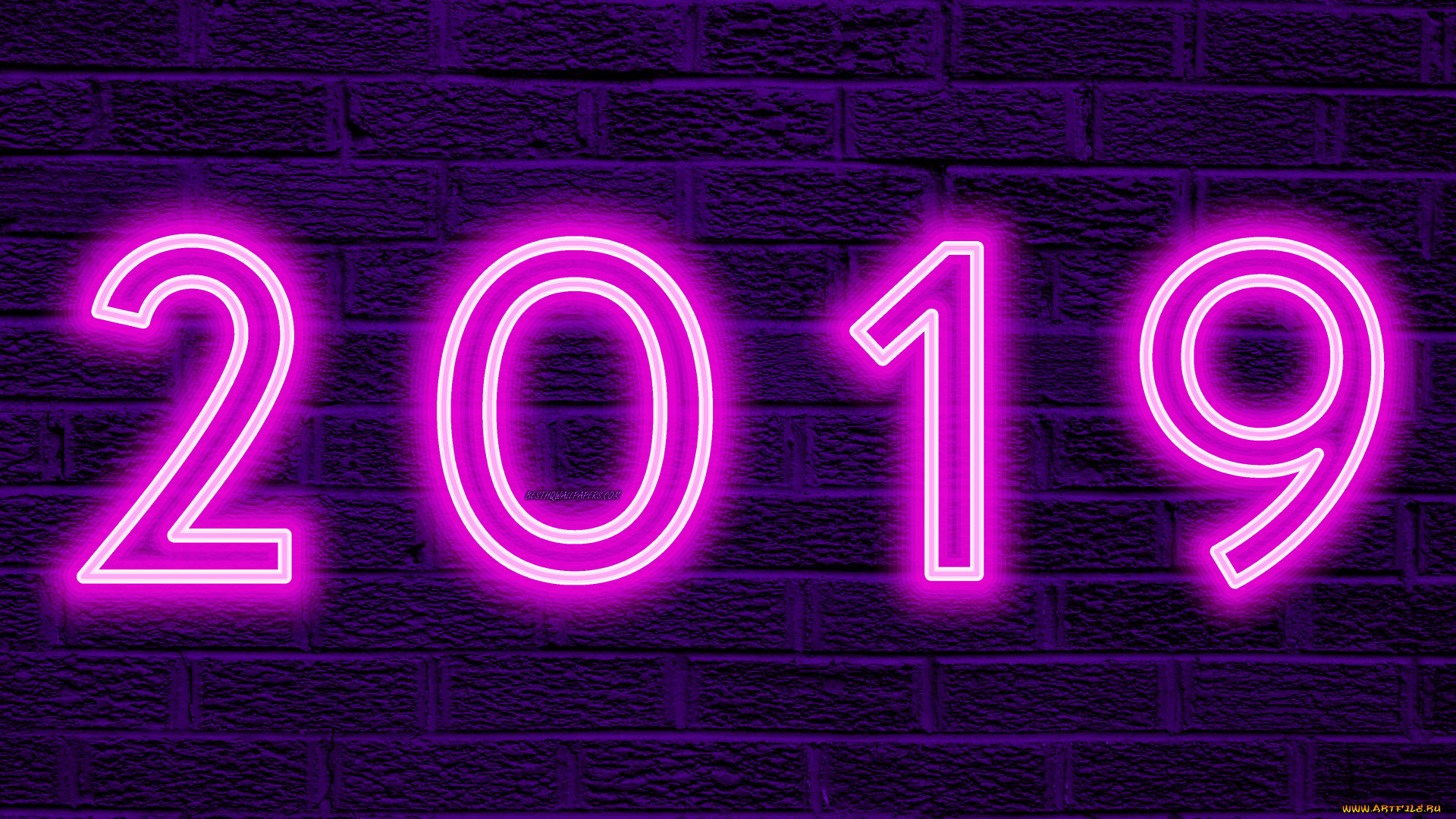 с, новым, 2019, годом, праздничные, -, разное, , новый, год, с, новым, 2019, годом, фиолетовый, фон, год, стена, креатив, неоновые, цифры, кирпичная