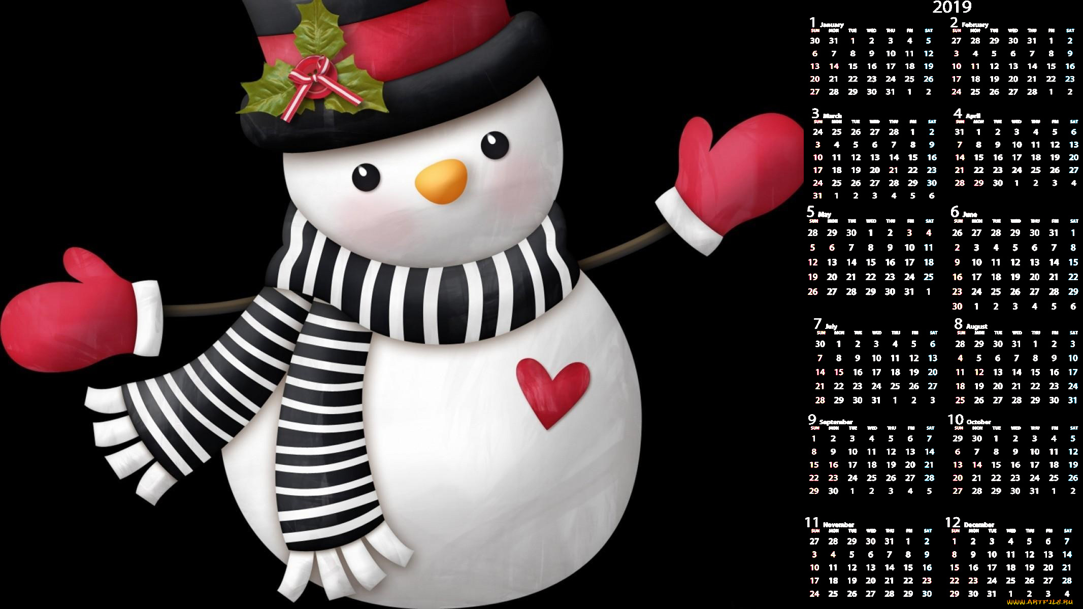 календари, праздники, , салюты, сердце, шарф, шляпа, снеговик