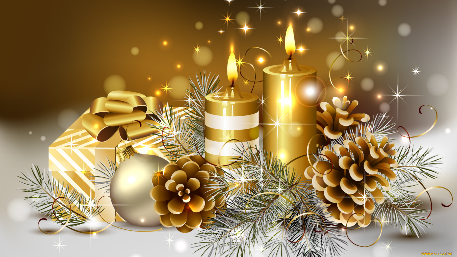 праздничные, векторная, графика, новый, год, подарок, свечи, шишки