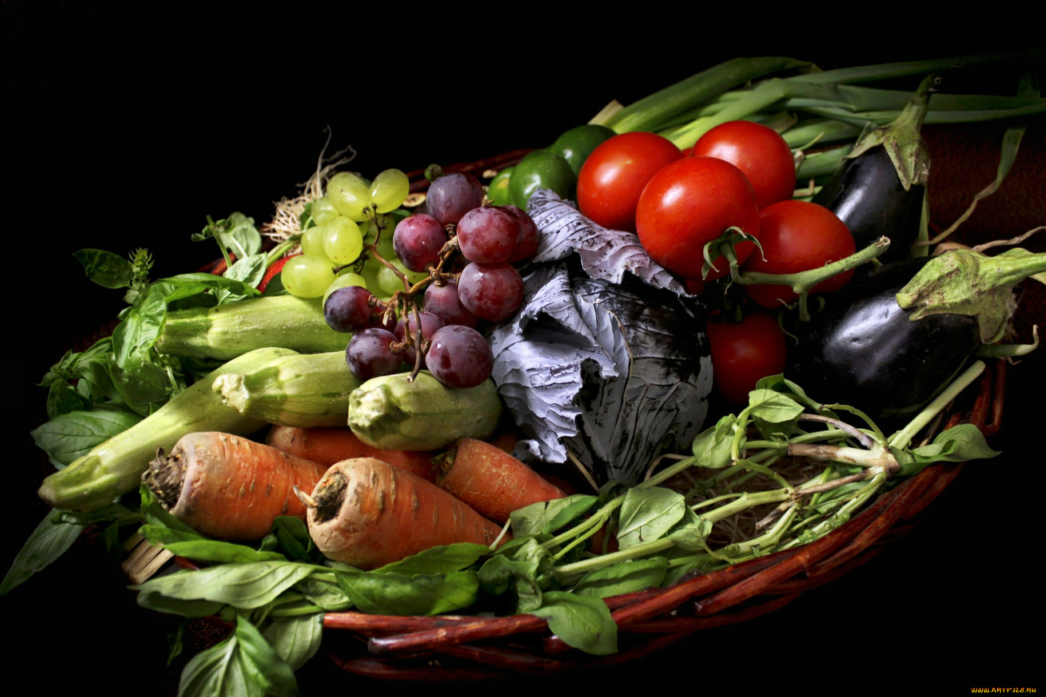 еда, фрукты, и, овощи, вместе, баклажаны, кабачки, капуста, томаты, виноград
