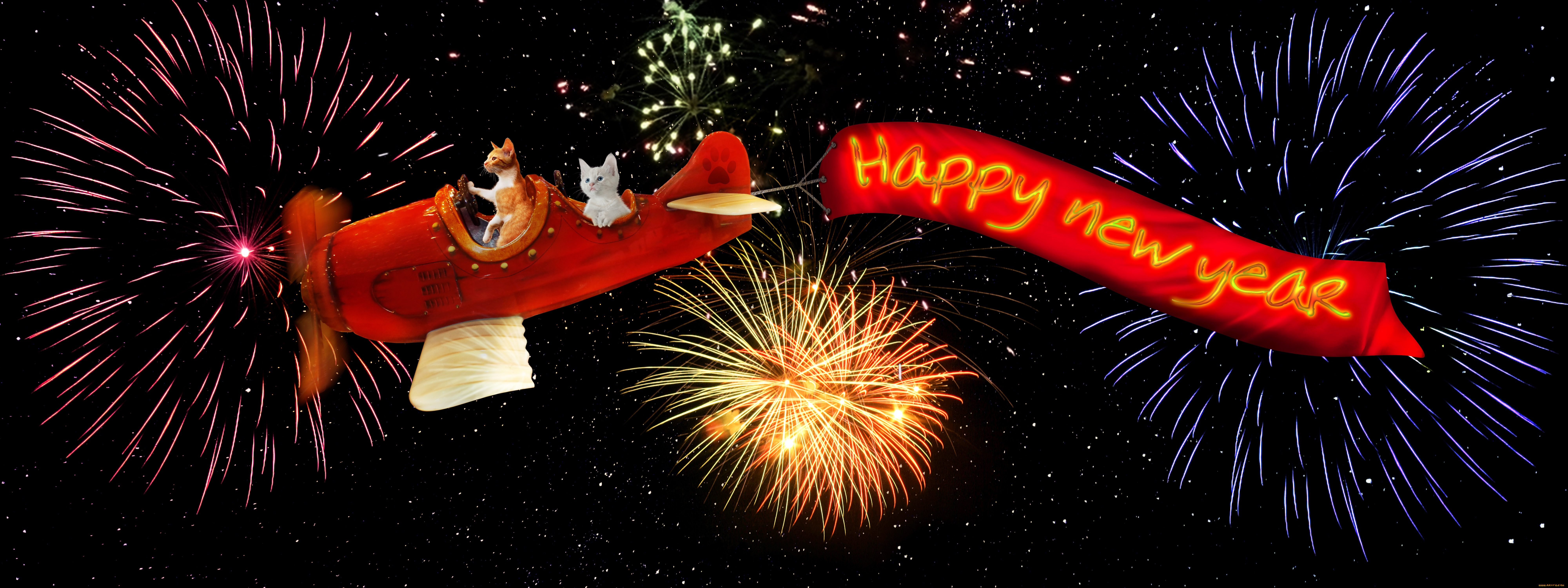 праздничные, векторная, графика, , новый, год, коты, полет, самолет
