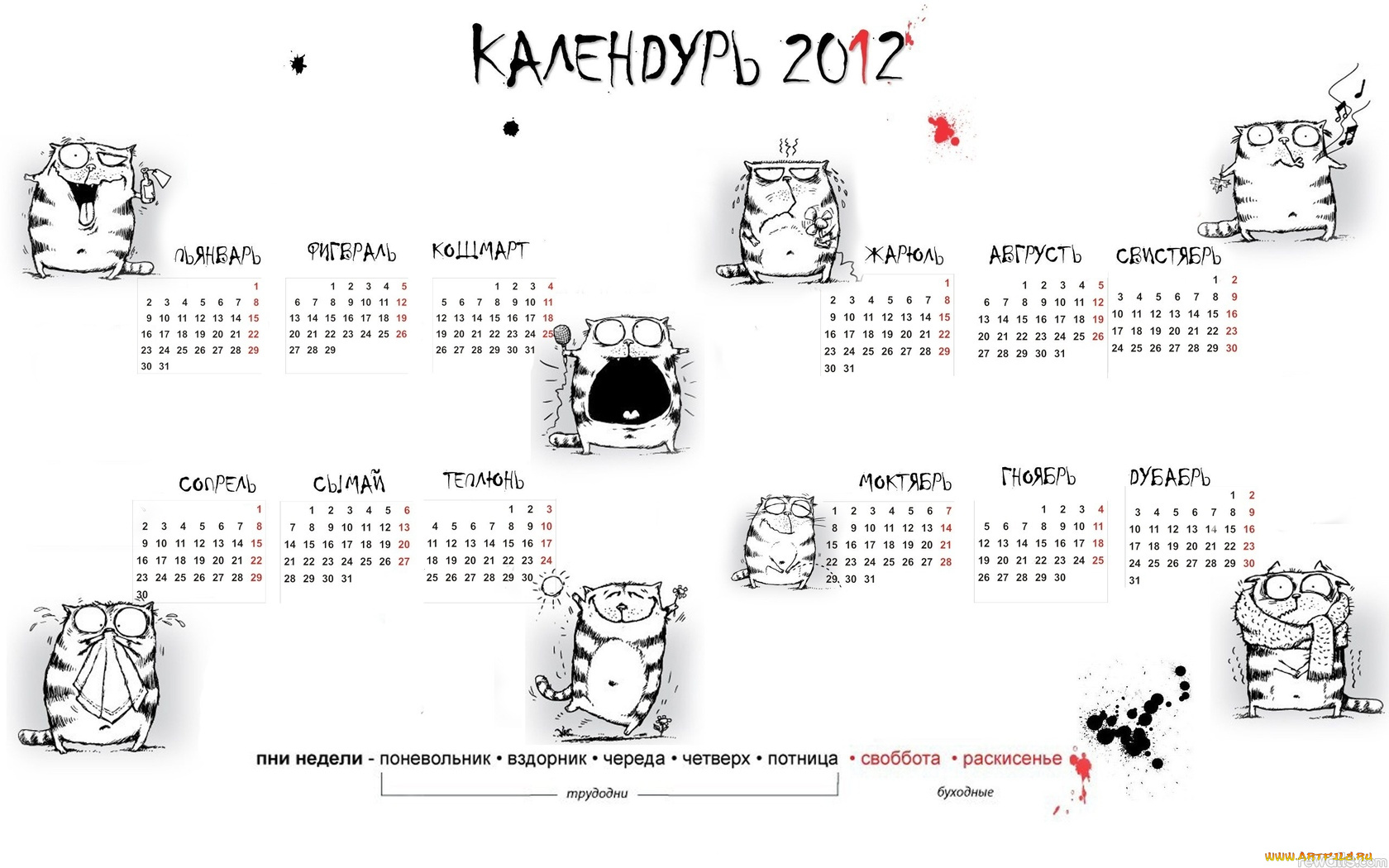 календурь, календари, другое, календарь, 2012, красный, приколы, юмор, кот, рисованые