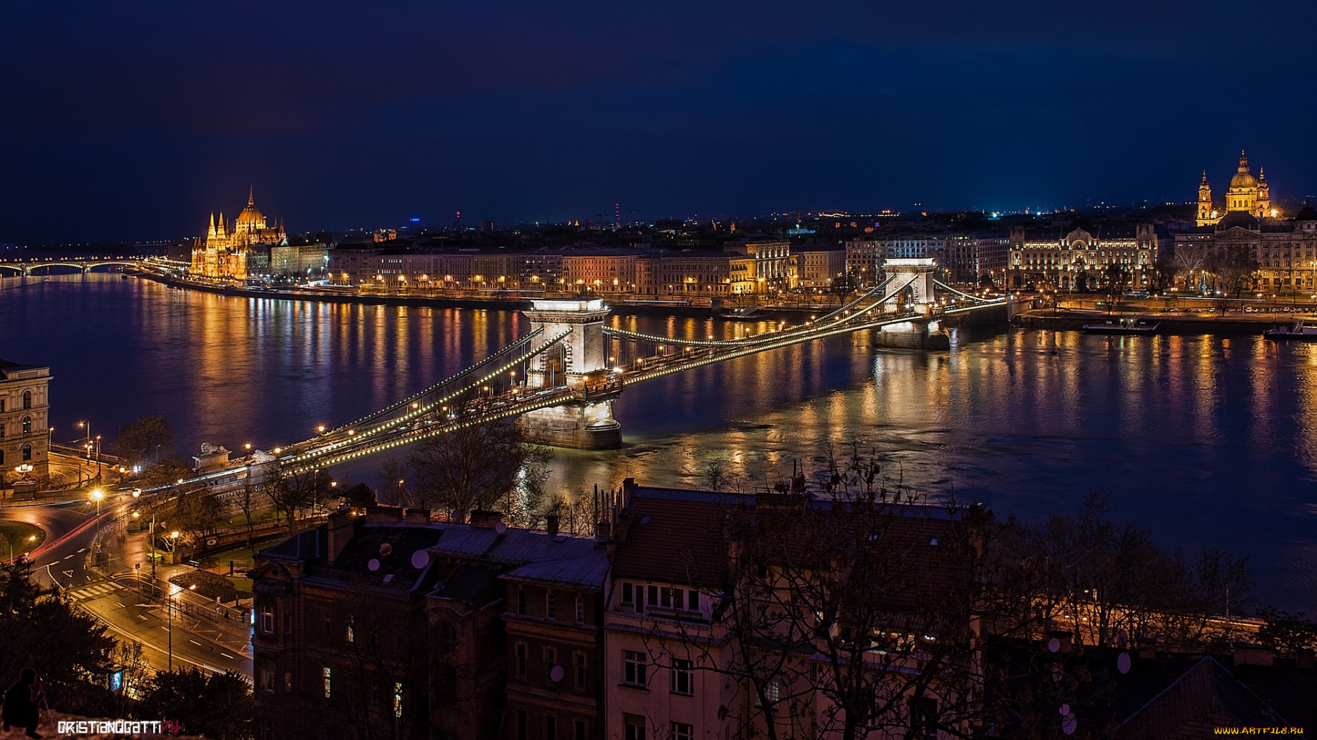 города, будапешт, , венгрия, река, мост, ночь