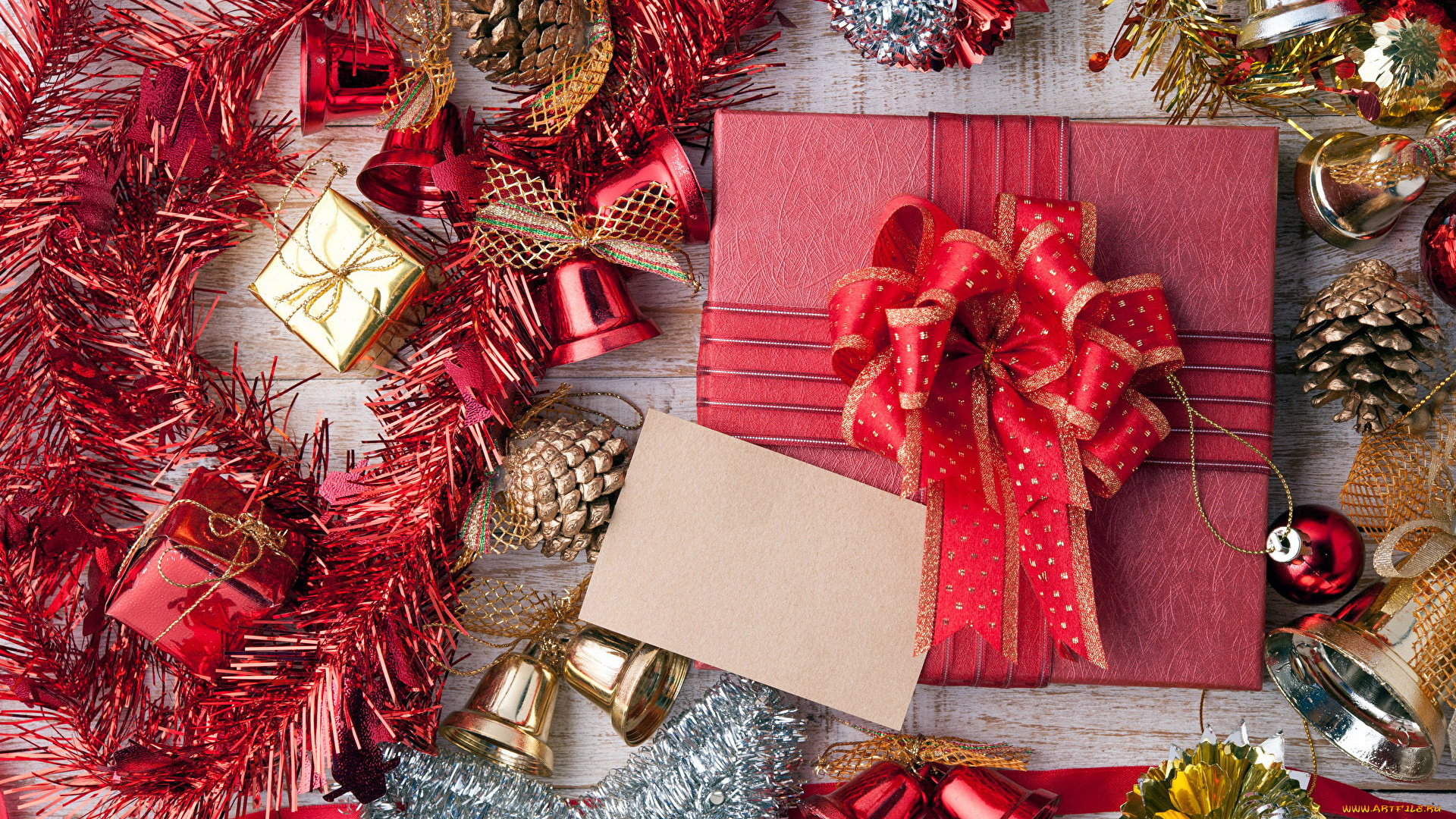 праздничные, подарки, и, коробочки, мишура, колокольчики, подарок, лента, бант