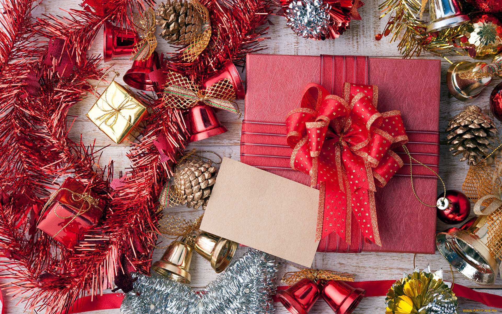 праздничные, подарки, и, коробочки, мишура, колокольчики, подарок, лента, бант