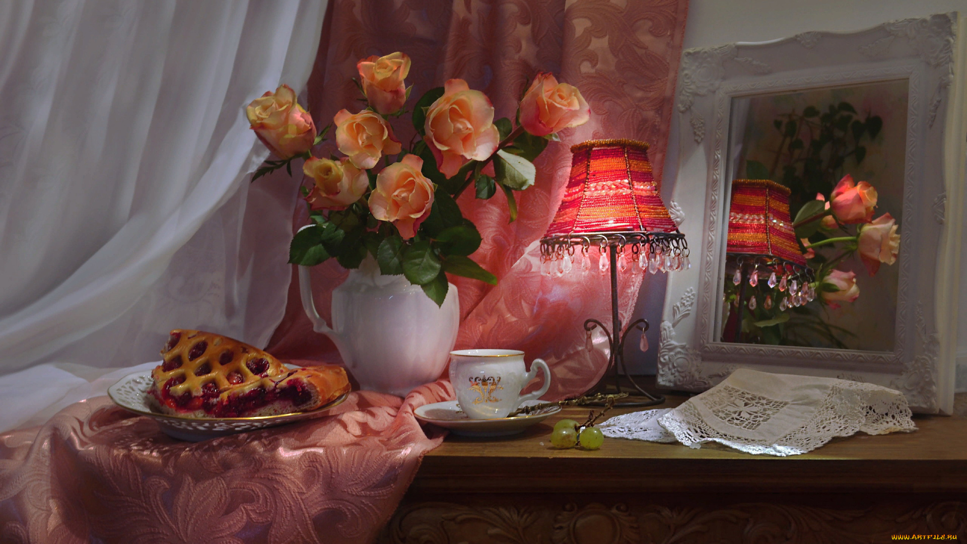 еда, натюрморт, настольная, лампа, зеркало, розы, букет, чай, пирог